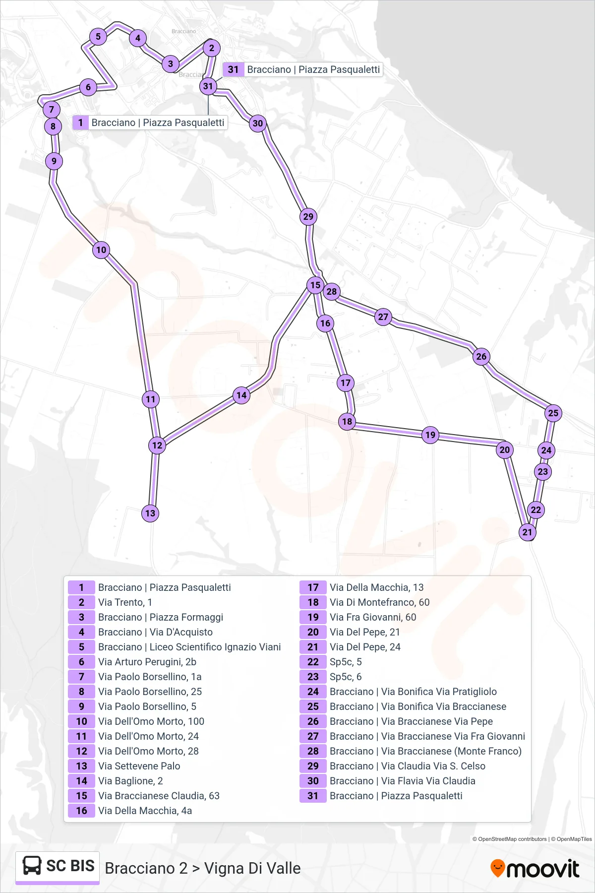 Linea SC BIS bus (Bracciano 2 > Vigna Di Valle) - Percorsi e fermate sulla mappa