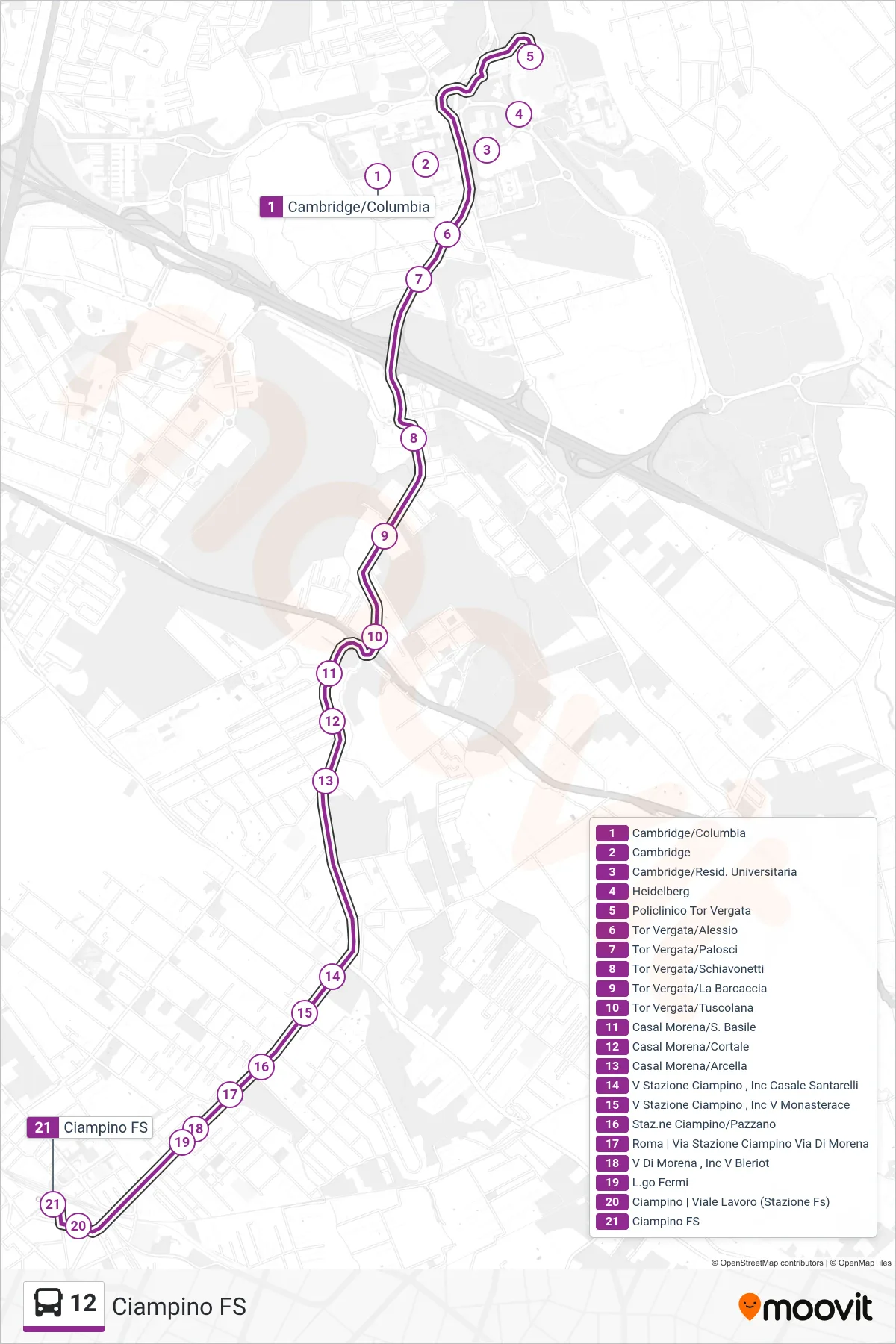 Linea 12 bus (Ciampino FS) - Percorsi e fermate sulla mappa
