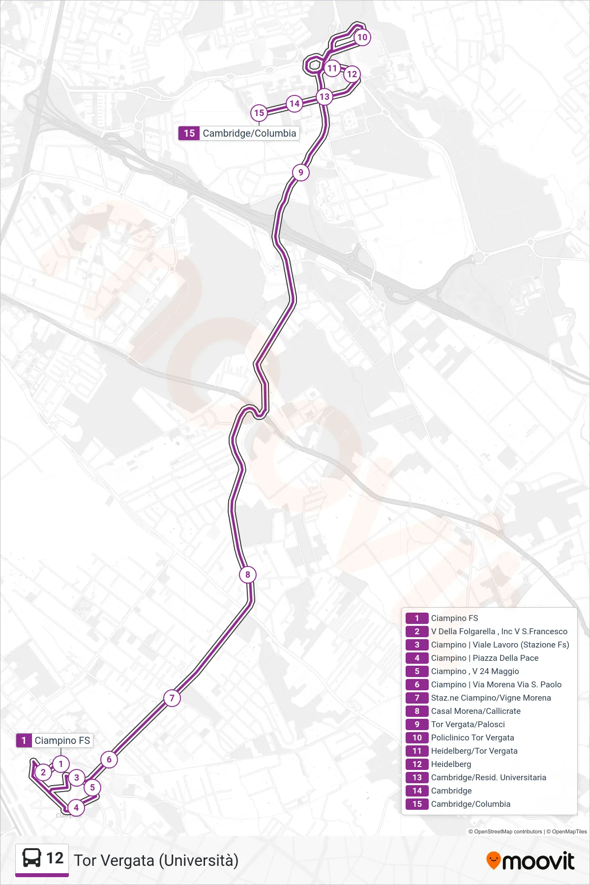 Linea 12 bus (Tor Vergata (Università)) - Percorsi e fermate sulla mappa