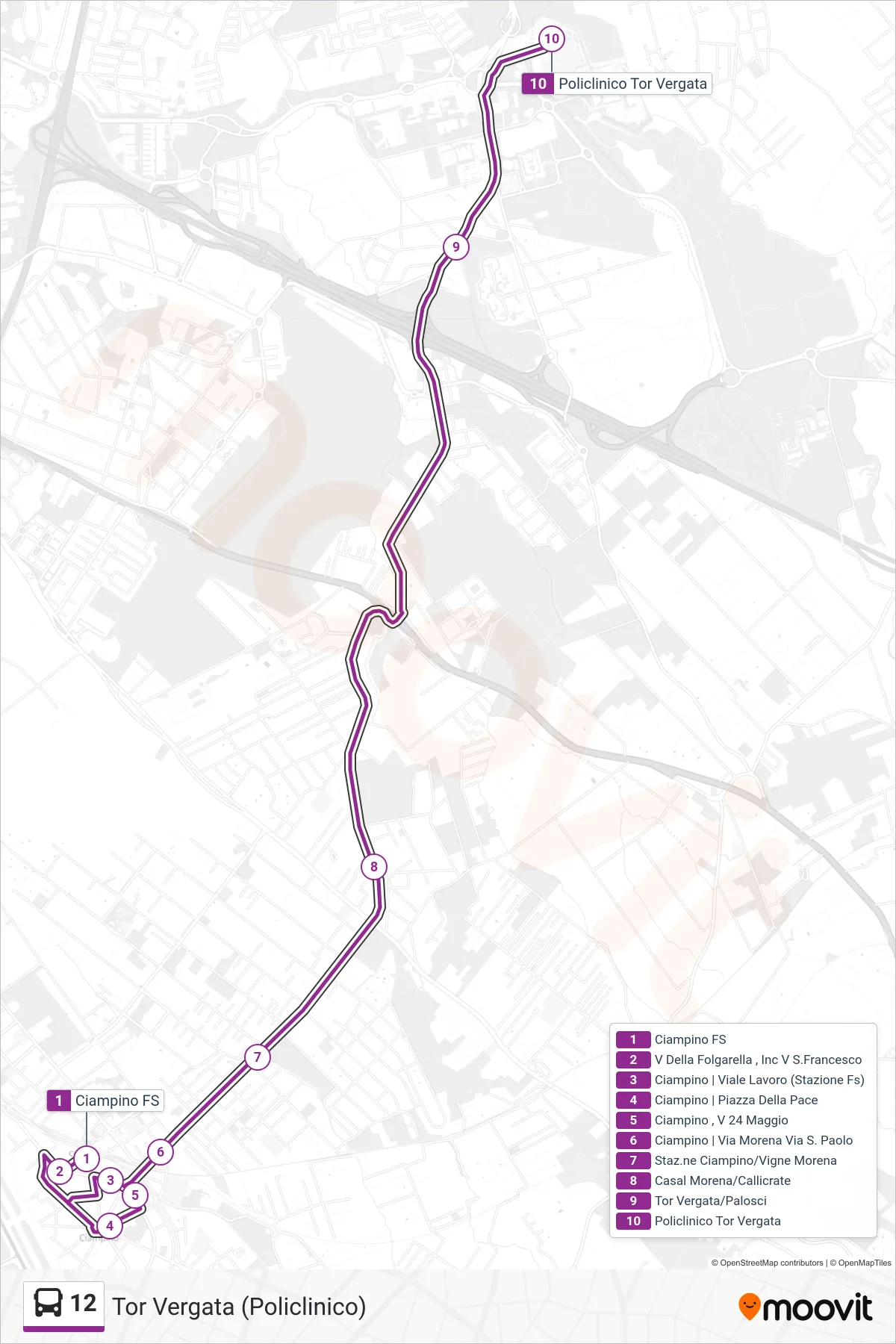Linea 12 bus (Tor Vergata (Policlinico)) - Percorsi e fermate sulla mappa