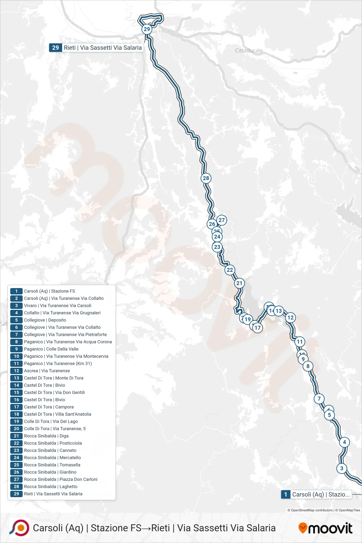 Linea COTRAL bus (Carsoli (Aq) | Stazione FS→Rieti | Via Sassetti Via Salaria) - Percorsi e fermate sulla mappa