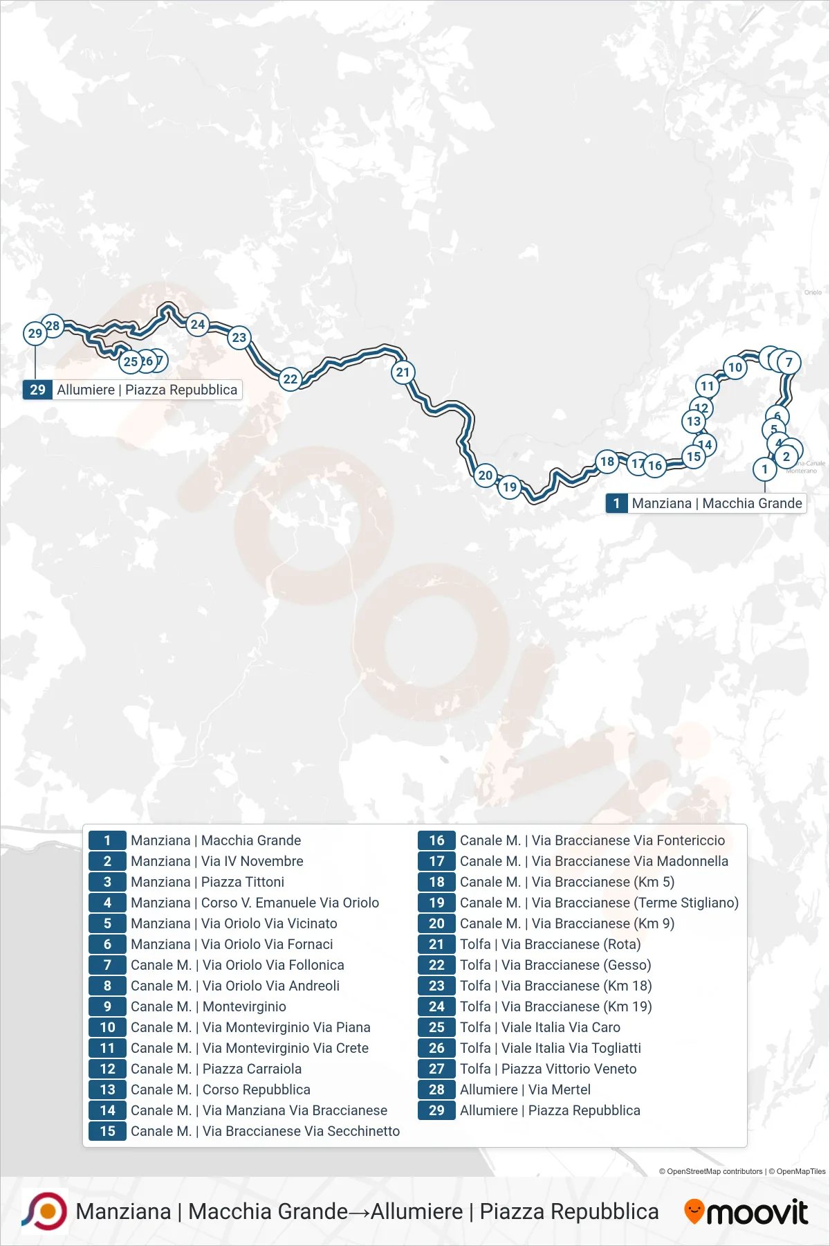 Linea COTRAL bus (Manziana | Macchia Grande→Allumiere | Piazza Repubblica) - Percorsi e fermate sulla mappa