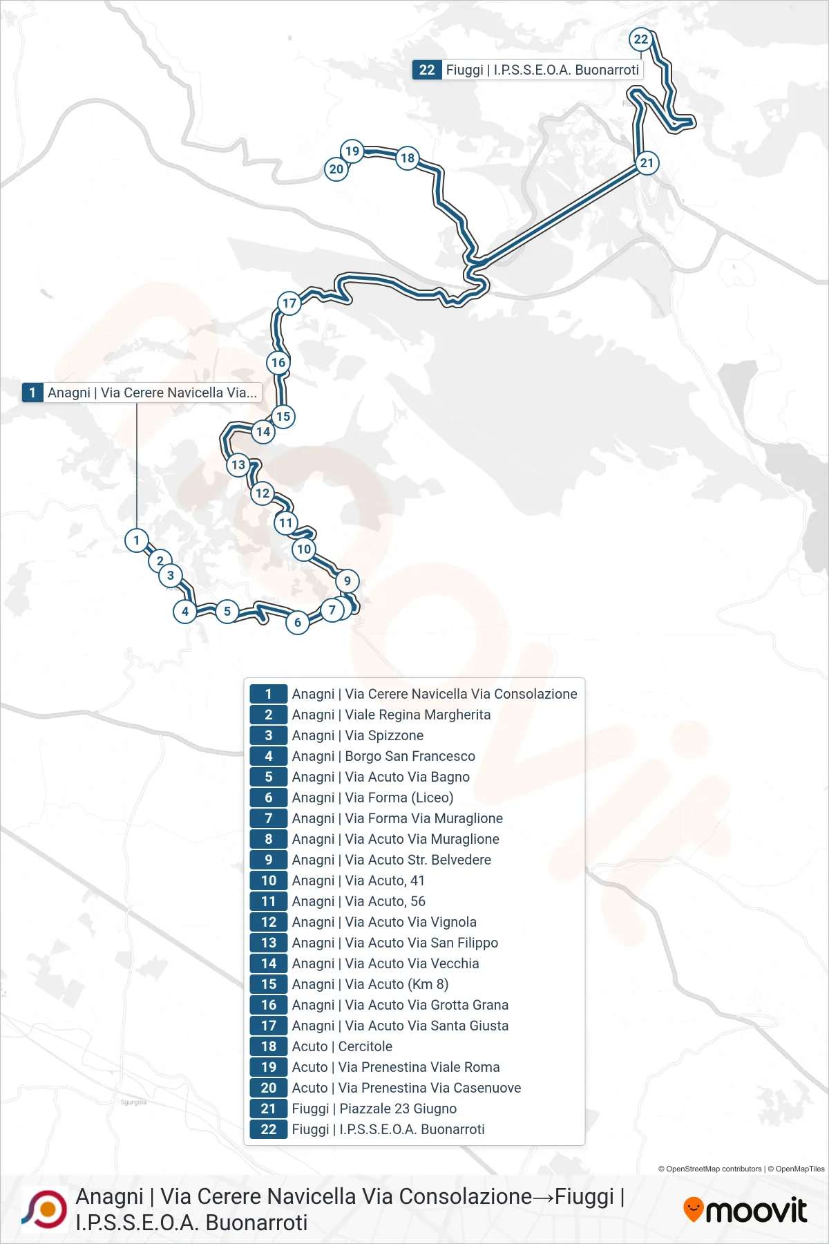 Linea COTRAL bus (Anagni | Via Cerere Navicella Via Consolazione→Fiuggi | I.P.S.S.E.O.A. Buonarroti) - Percorsi e fermate sulla mappa