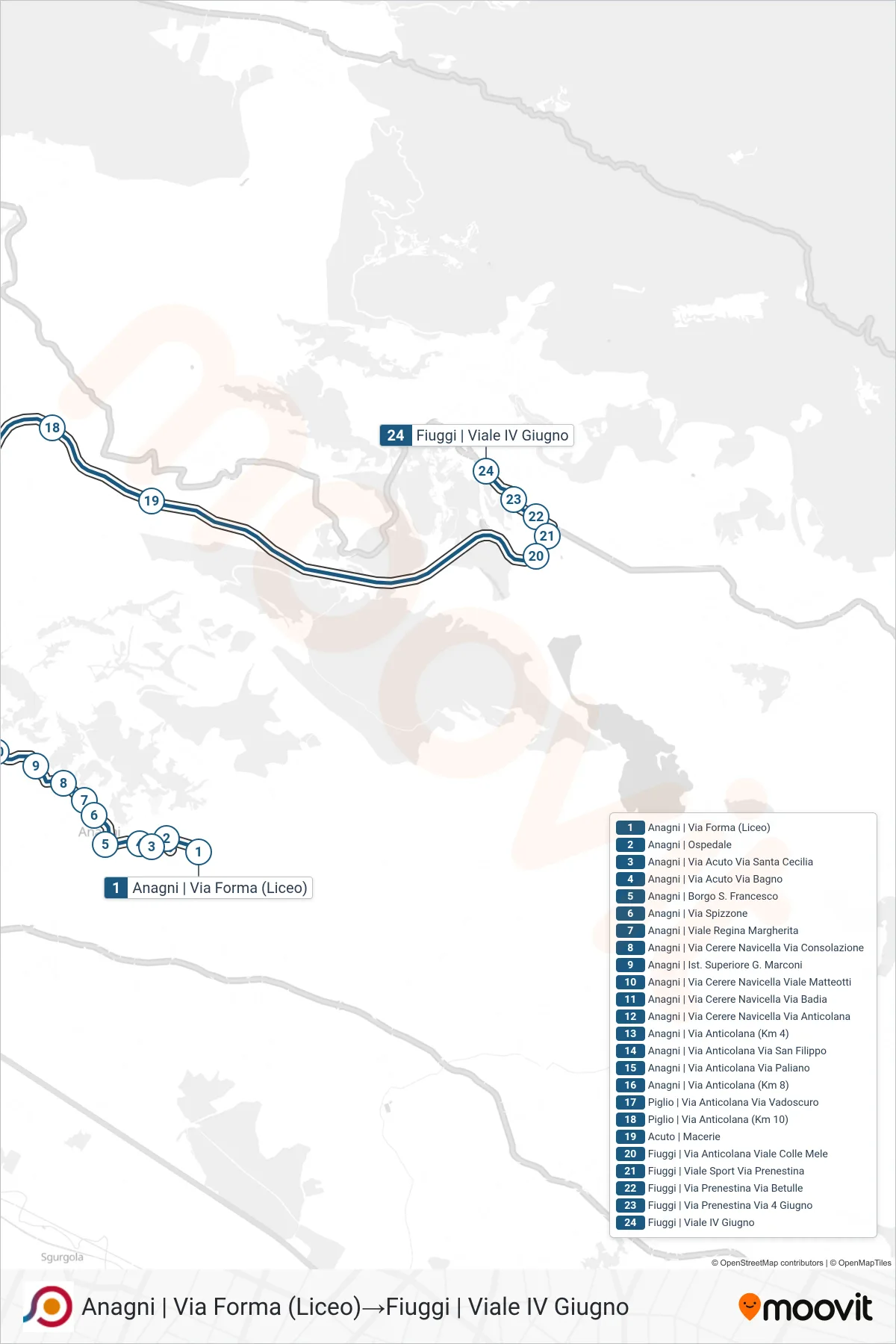 Linea COTRAL bus (Anagni | Via Forma (Liceo)→Fiuggi | Viale IV Giugno) - Percorsi e fermate sulla mappa
