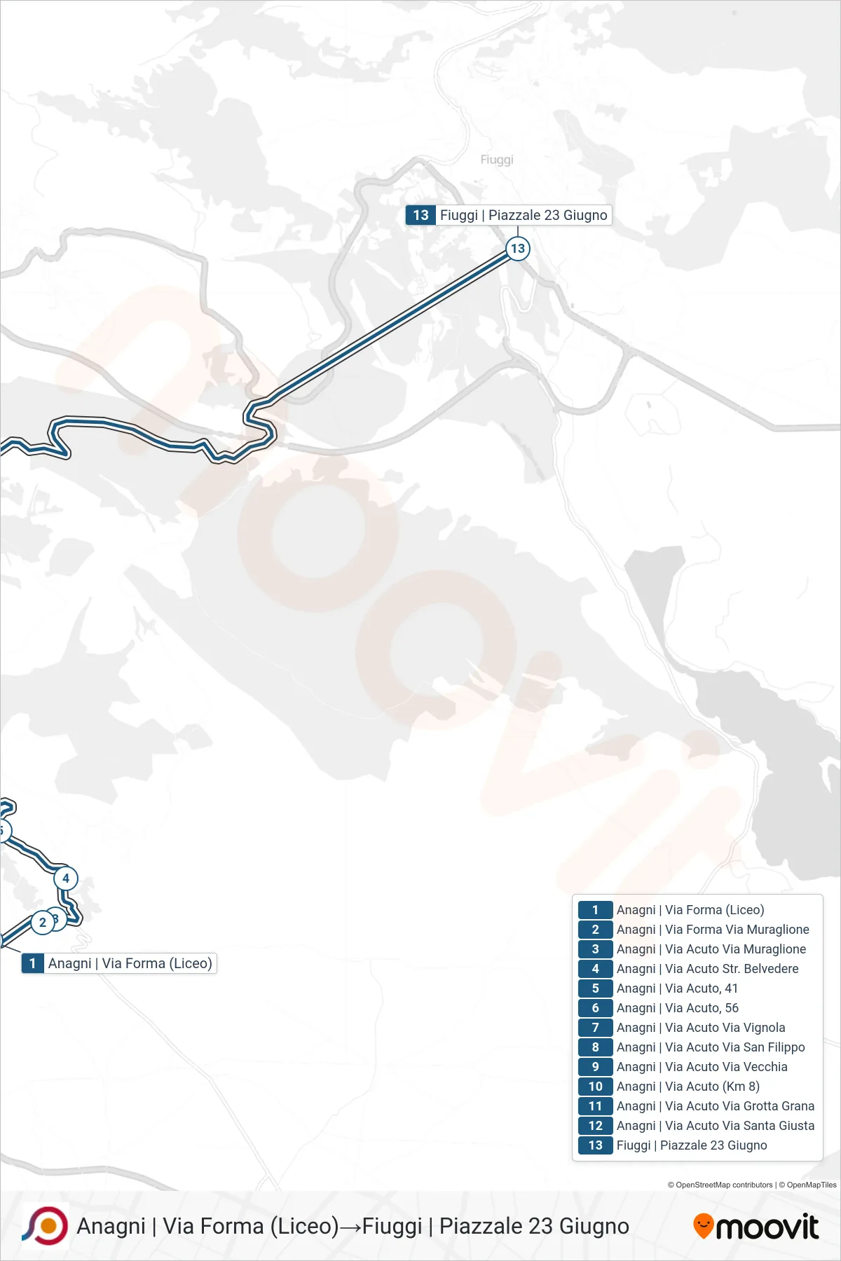 Linea COTRAL bus (Anagni | Via Forma (Liceo)→Fiuggi | Piazzale 23 Giugno) - Percorsi e fermate sulla mappa