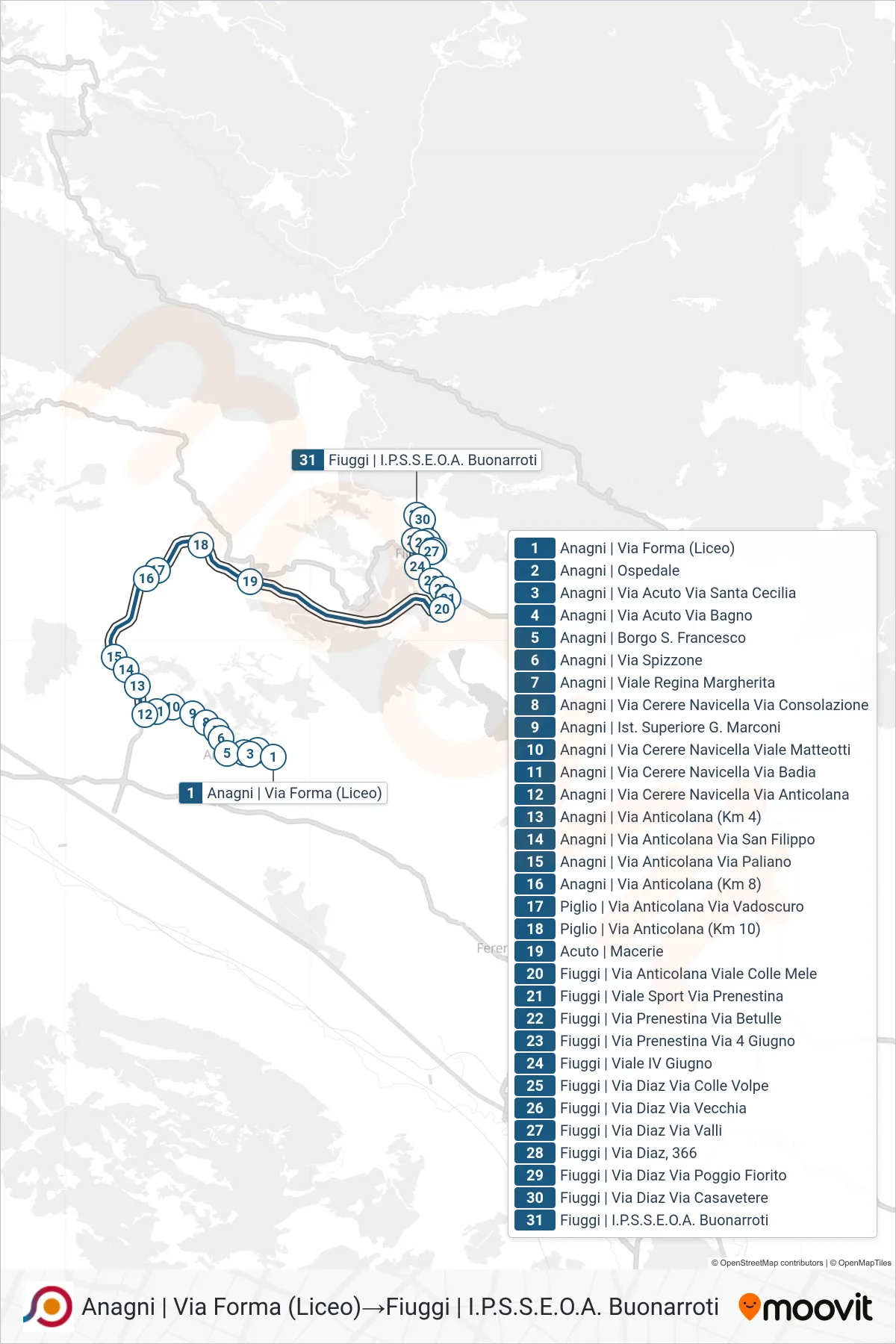 Linea COTRAL bus (Anagni | Via Forma (Liceo)→Fiuggi | I.P.S.S.E.O.A. Buonarroti) - Percorsi e fermate sulla mappa