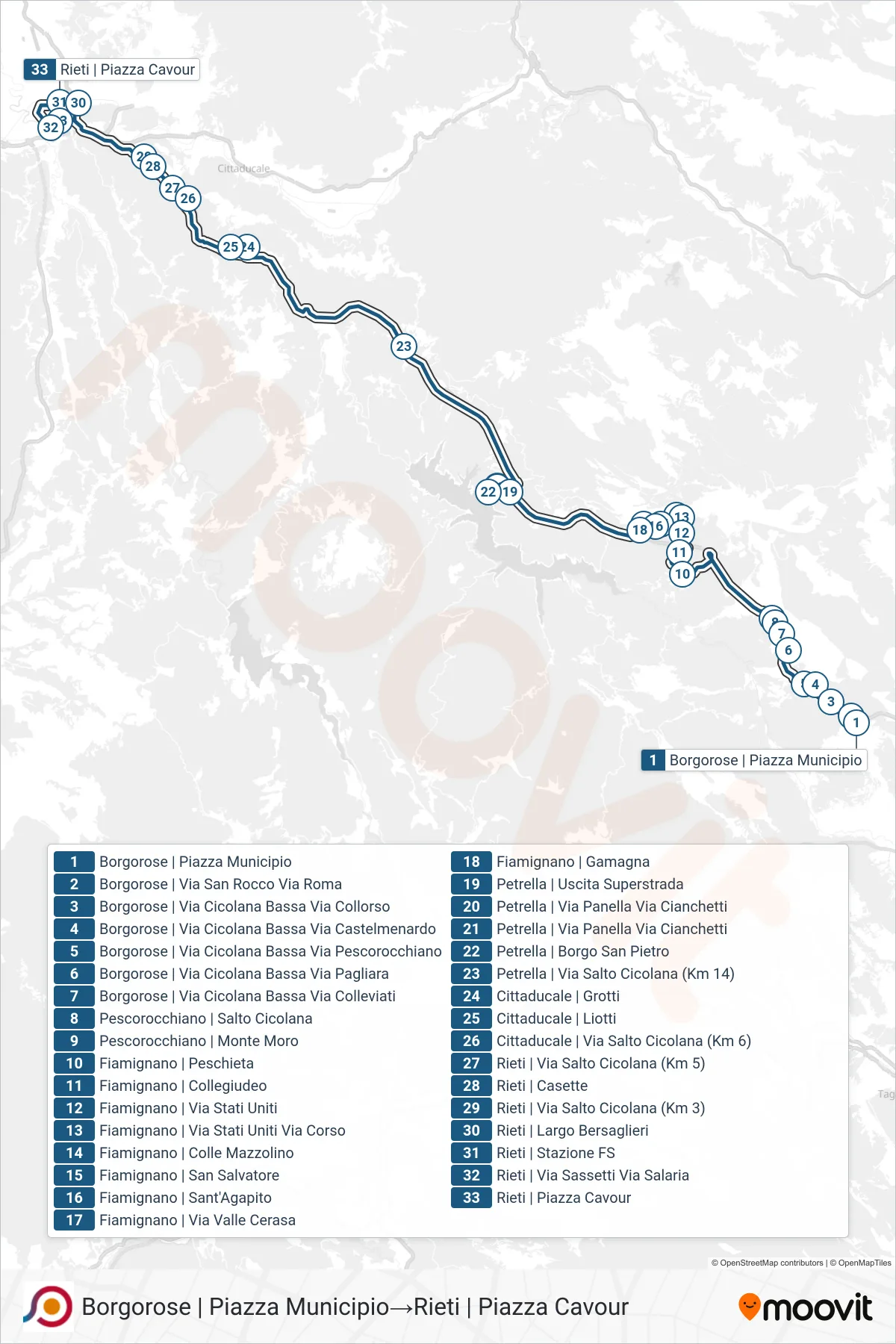 Linea COTRAL bus (Borgorose | Piazza Municipio→Rieti | Piazza Cavour) - Percorsi e fermate sulla mappa