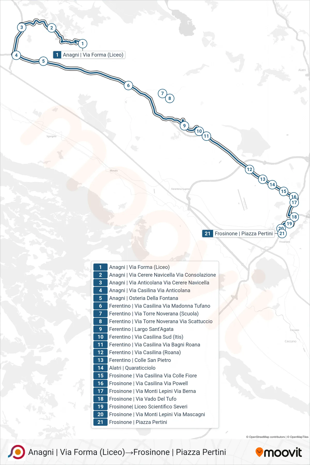 Linea COTRAL bus (Anagni | Via Forma (Liceo)→Frosinone | Piazza Pertini) - Percorsi e fermate sulla mappa