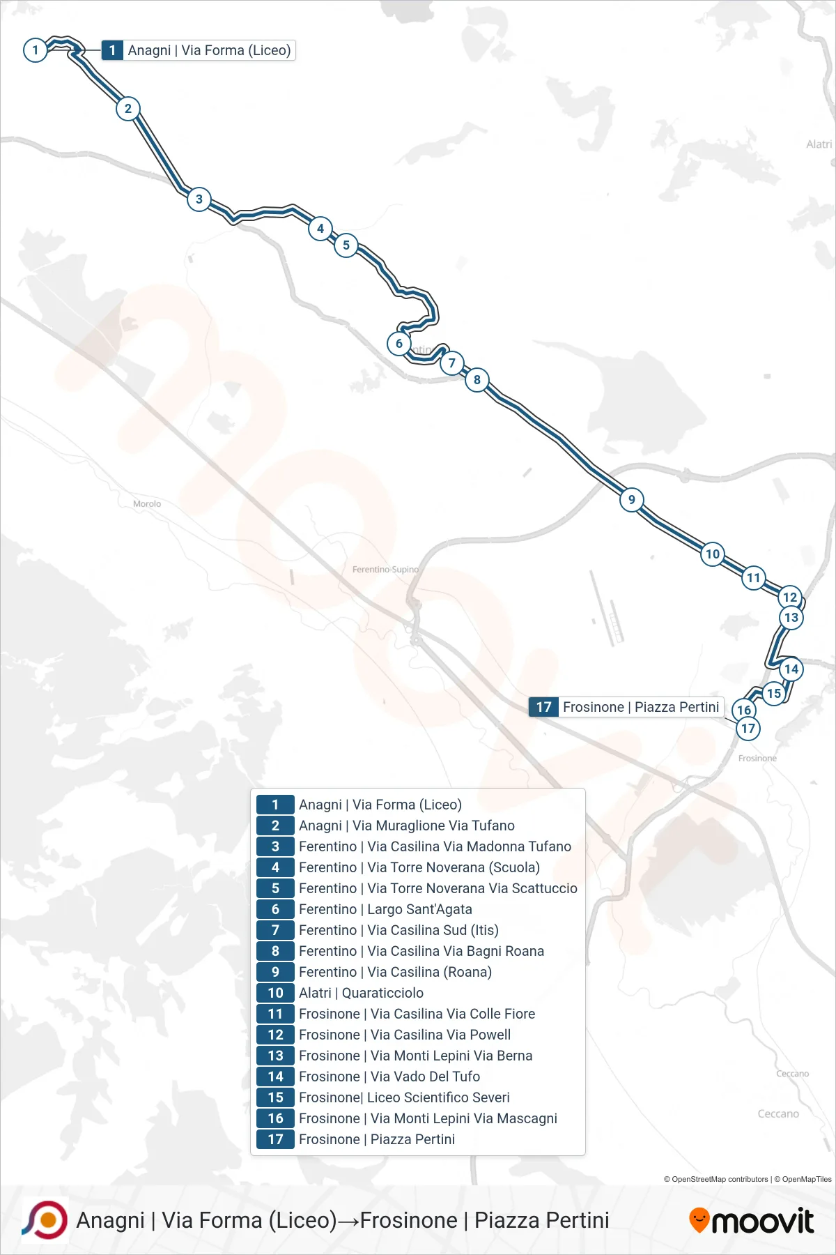 Linea COTRAL bus (Anagni | Via Forma (Liceo)→Frosinone | Piazza Pertini) - Percorsi e fermate sulla mappa