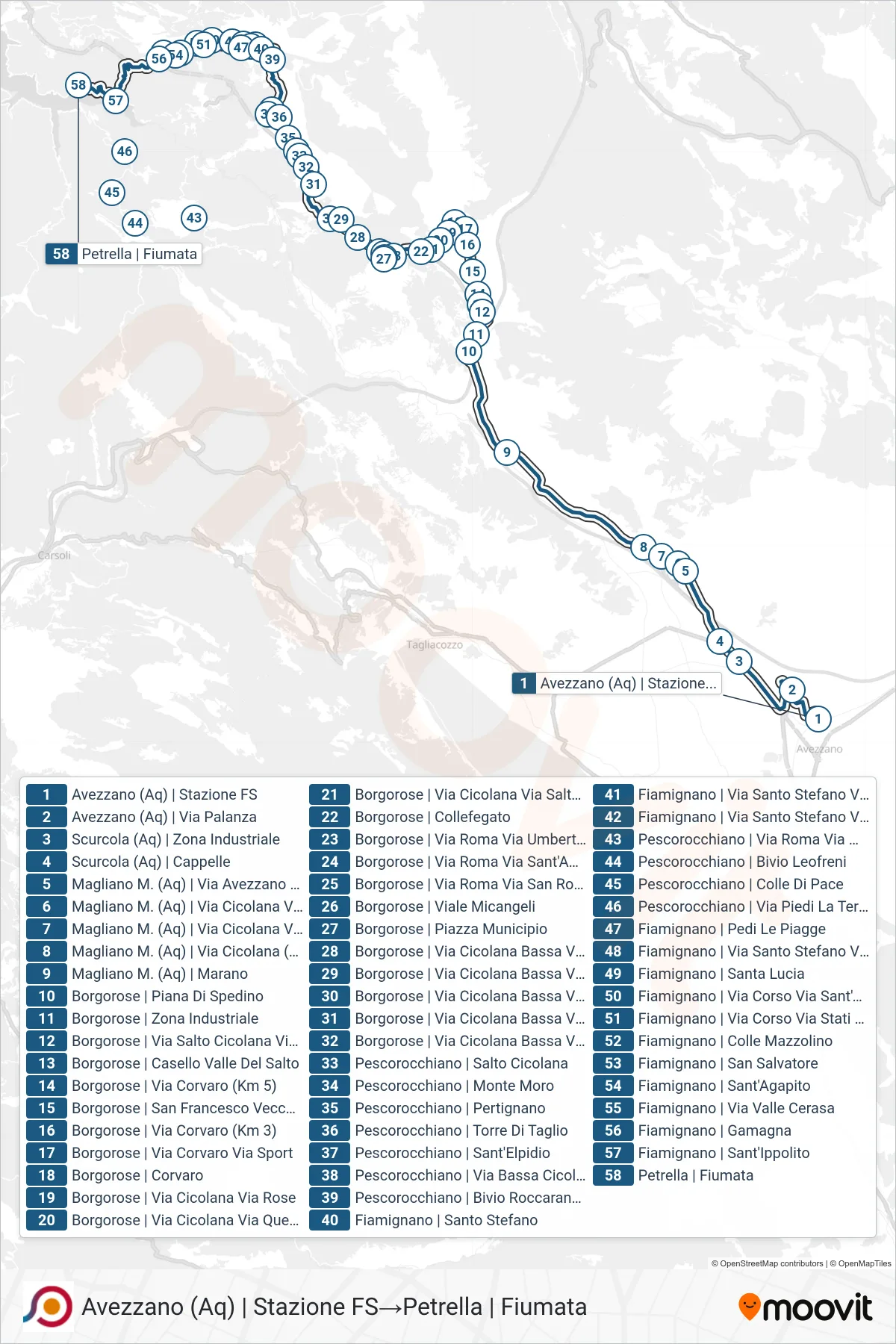 Linea COTRAL bus (Avezzano (Aq) | Stazione FS→Petrella | Fiumata) - Percorsi e fermate sulla mappa