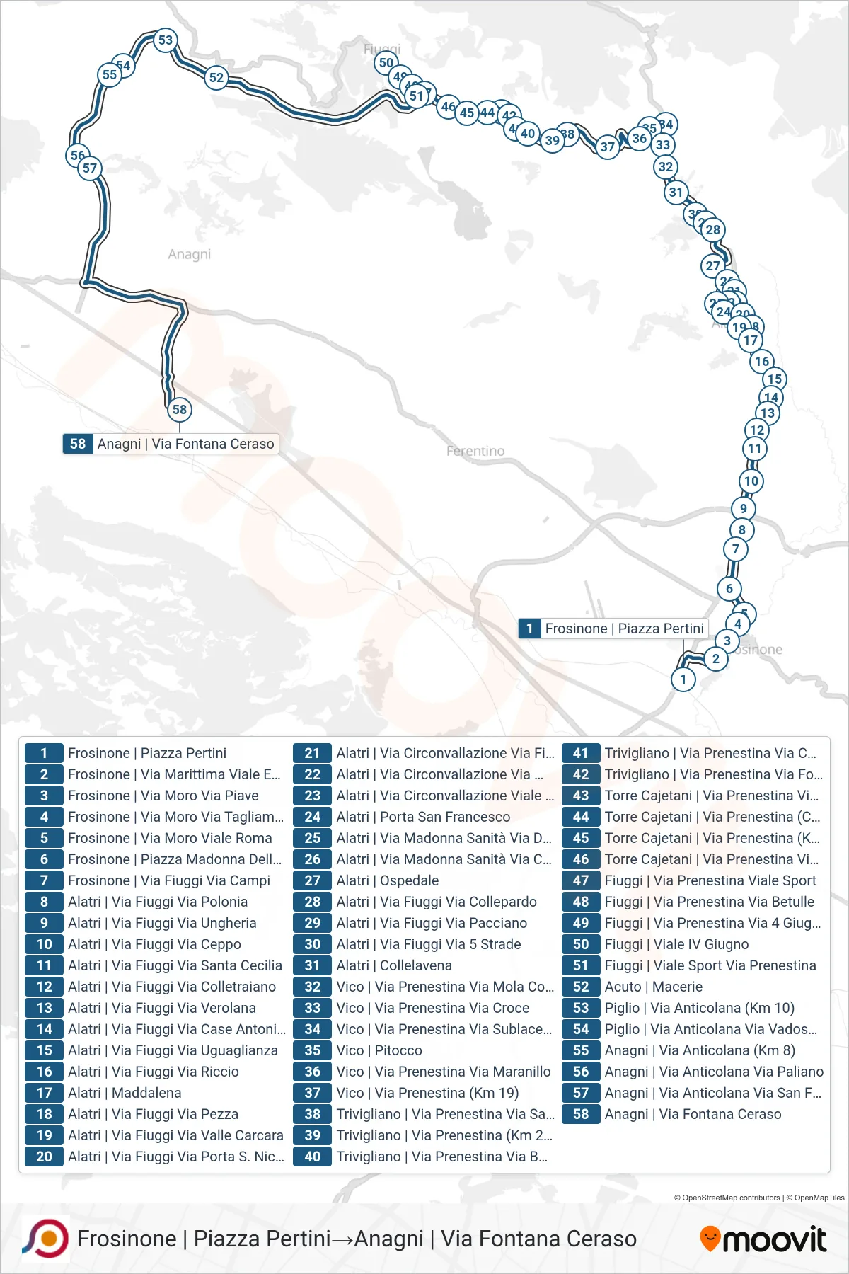 Linea COTRAL bus (Frosinone | Piazza Pertini→Anagni | Via Fontana Ceraso) - Percorsi e fermate sulla mappa