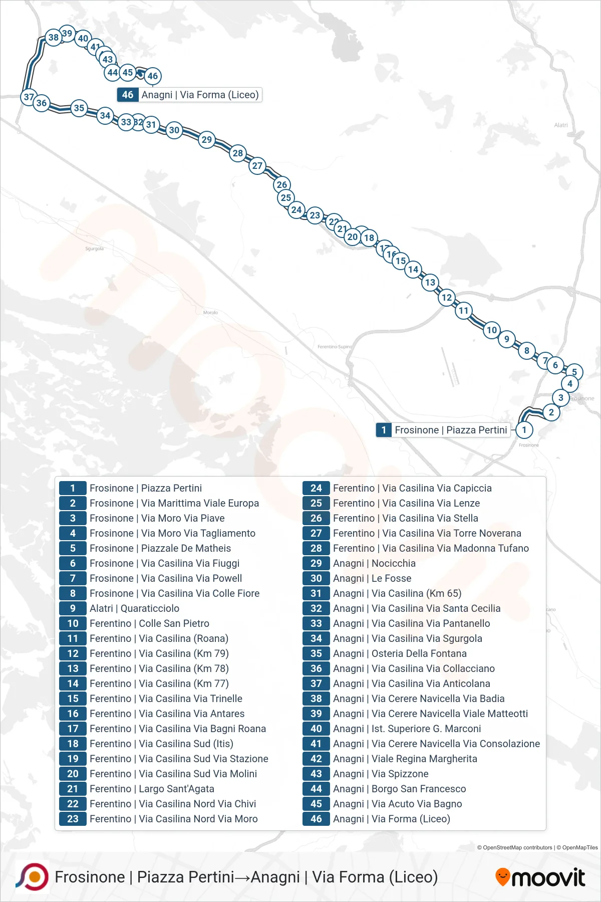 Linea COTRAL bus (Frosinone | Piazza Pertini→Anagni | Via Forma (Liceo)) - Percorsi e fermate sulla mappa
