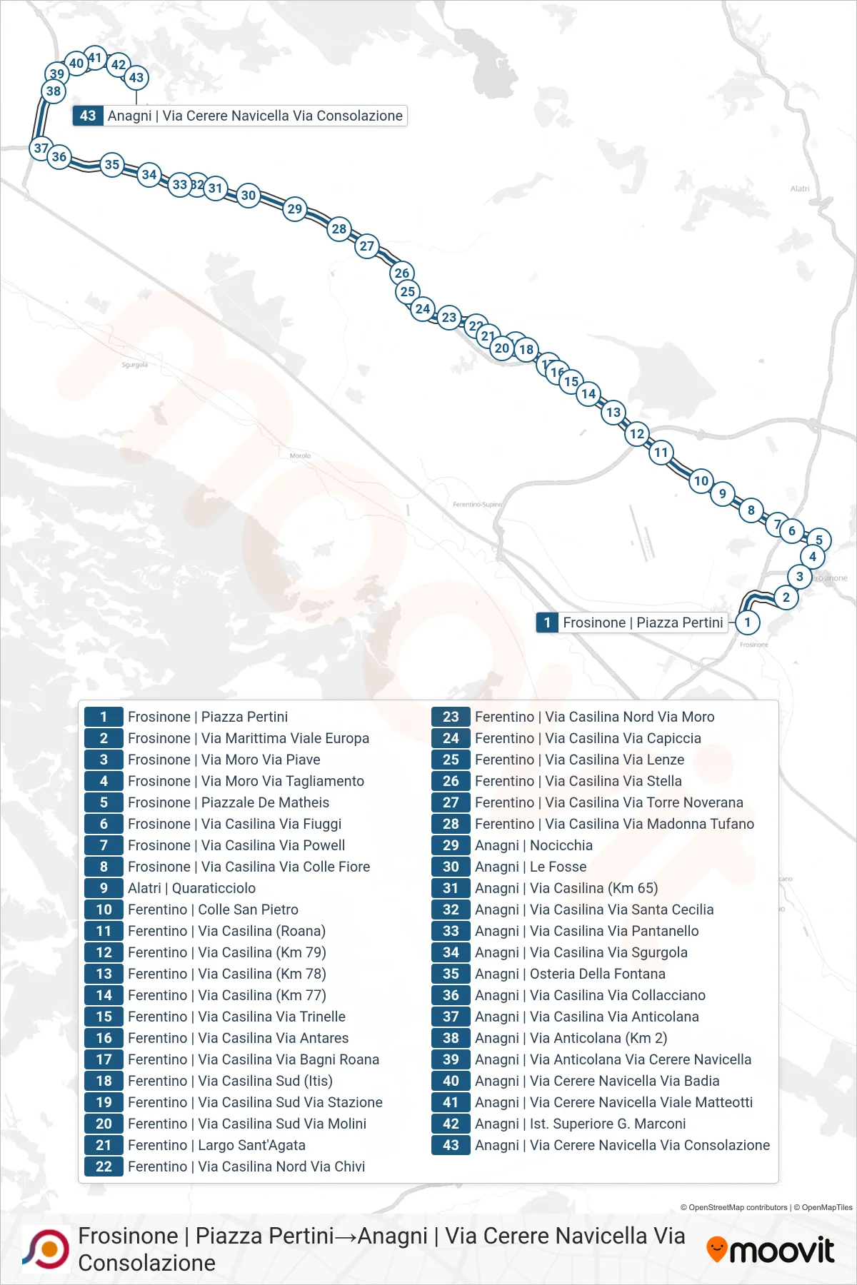 Linea COTRAL bus (Frosinone | Piazza Pertini→Anagni | Via Cerere Navicella Via Consolazione) - Percorsi e fermate sulla mappa