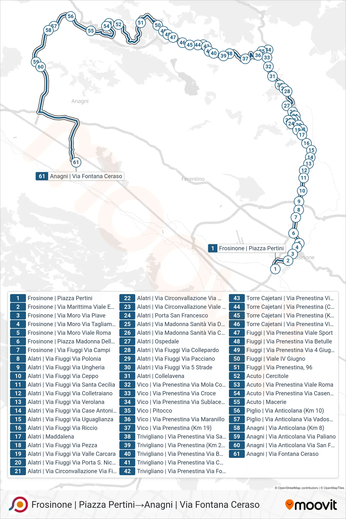 Linea COTRAL bus (Frosinone | Piazza Pertini→Anagni | Via Fontana Ceraso) - Percorsi e fermate sulla mappa
