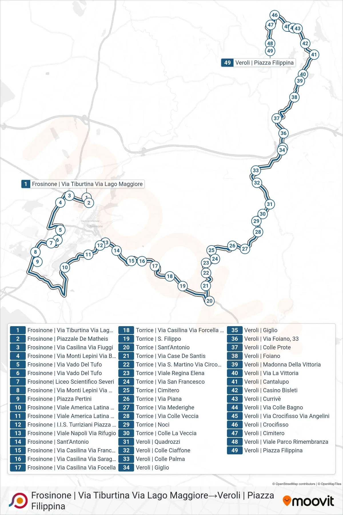 Linea COTRAL bus (Frosinone | Via Tiburtina Via Lago Maggiore→Veroli | Piazza Filippina) - Percorsi e fermate sulla mappa