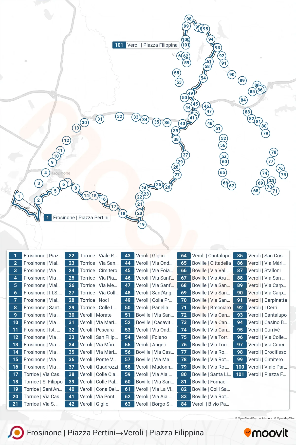 Linea COTRAL bus (Frosinone | Piazza Pertini→Veroli | Piazza Filippina) - Percorsi e fermate sulla mappa