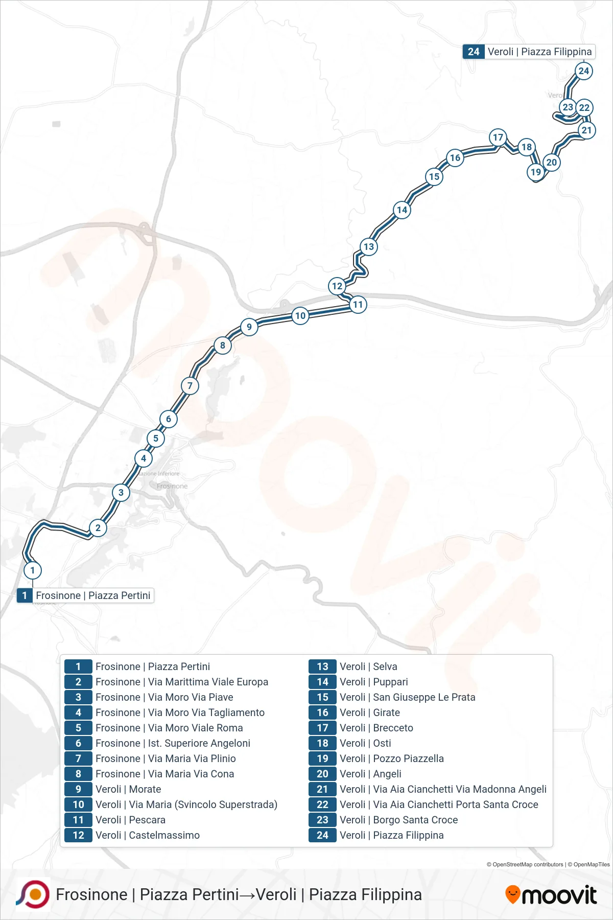 Linea COTRAL bus (Frosinone | Piazza Pertini→Veroli | Piazza Filippina) - Percorsi e fermate sulla mappa