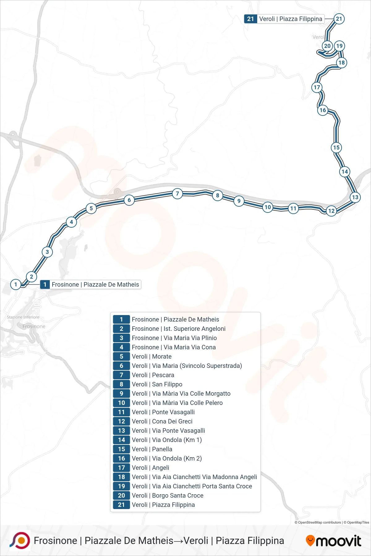 Linea COTRAL bus (Frosinone | Piazzale De Matheis→Veroli | Piazza Filippina) - Percorsi e fermate sulla mappa