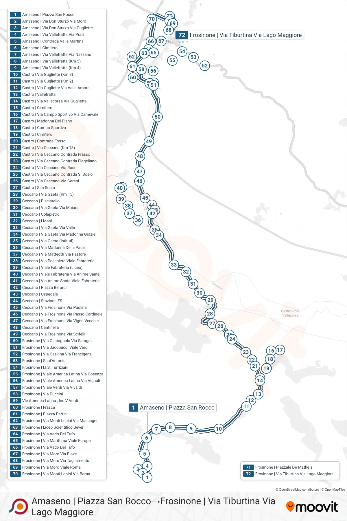 Linea COTRAL bus (Amaseno | Piazza San Rocco→Frosinone | Via Tiburtina Via Lago Maggiore) - Percorsi e fermate sulla mappa