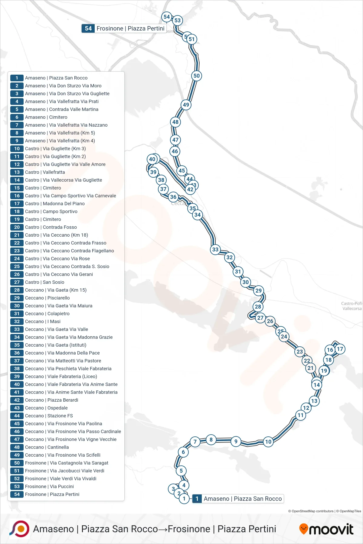 Linea COTRAL bus (Amaseno | Piazza San Rocco→Frosinone | Piazza Pertini) - Percorsi e fermate sulla mappa