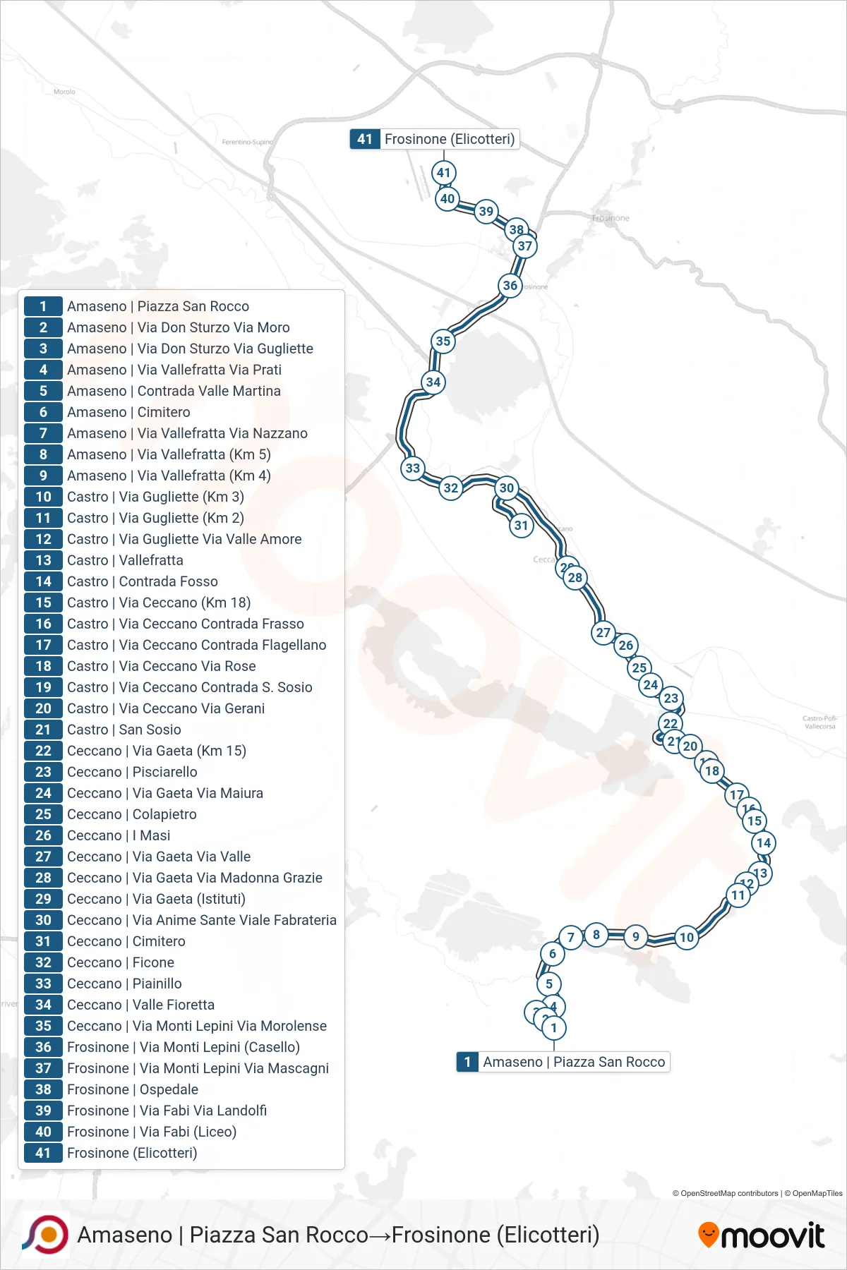Linea COTRAL bus (Amaseno | Piazza San Rocco→Frosinone (Elicotteri)) - Percorsi e fermate sulla mappa