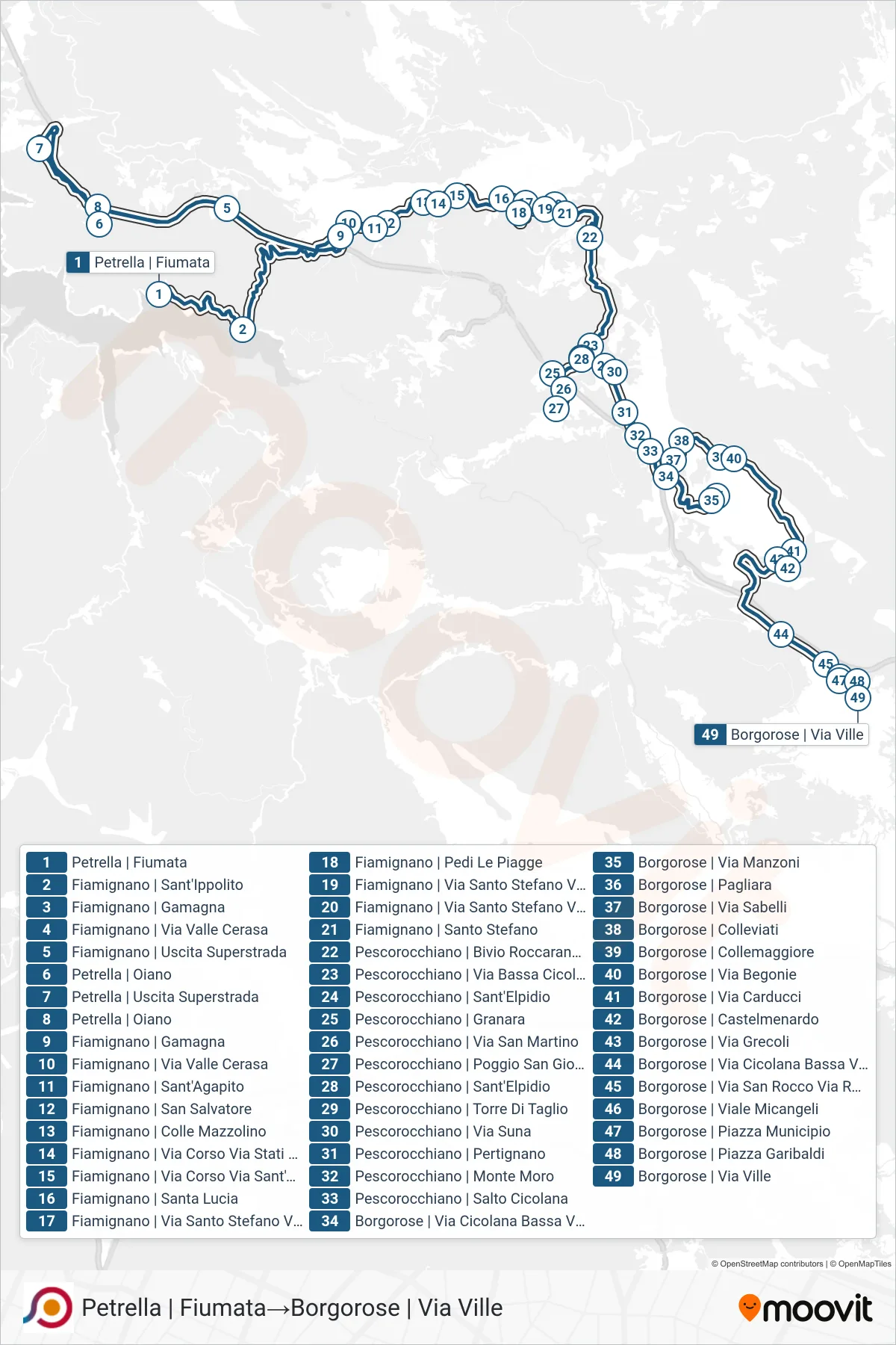 Linea COTRAL bus (Petrella | Fiumata→Borgorose | Via Ville) - Percorsi e fermate sulla mappa