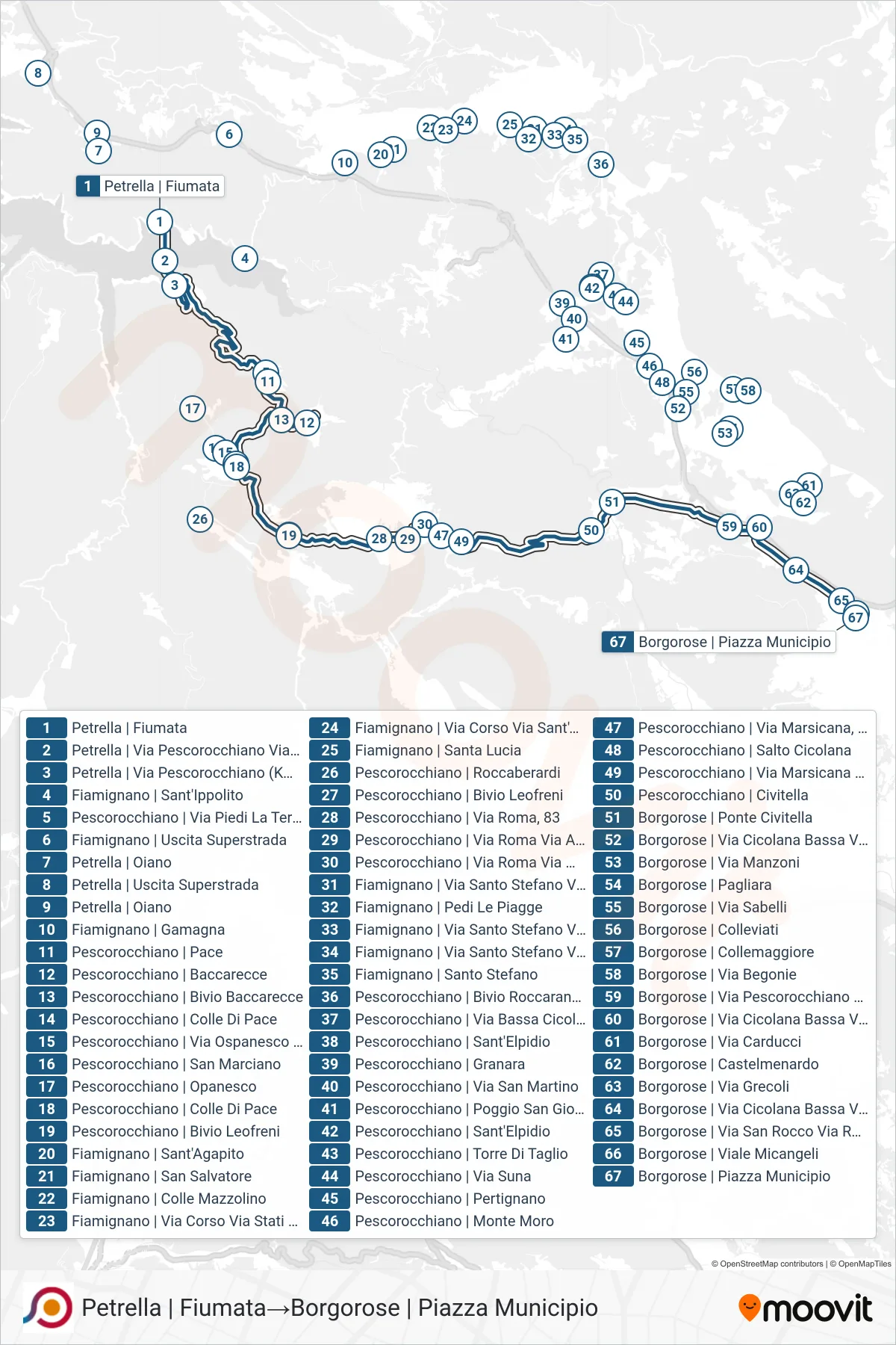 Linea COTRAL bus (Petrella | Fiumata→Borgorose | Piazza Municipio) - Percorsi e fermate sulla mappa