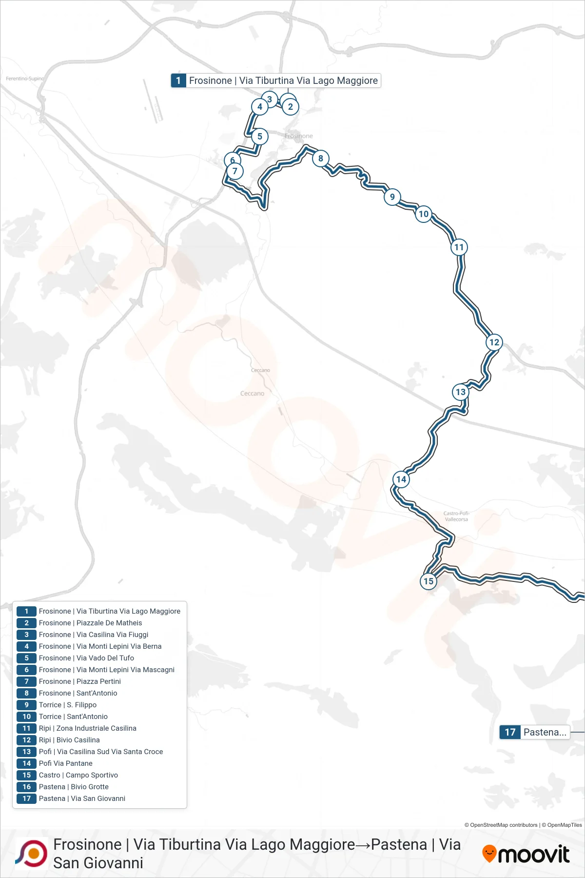 Linea COTRAL bus (Frosinone | Via Tiburtina Via Lago Maggiore→Pastena | Via San Giovanni) - Percorsi e fermate sulla mappa
