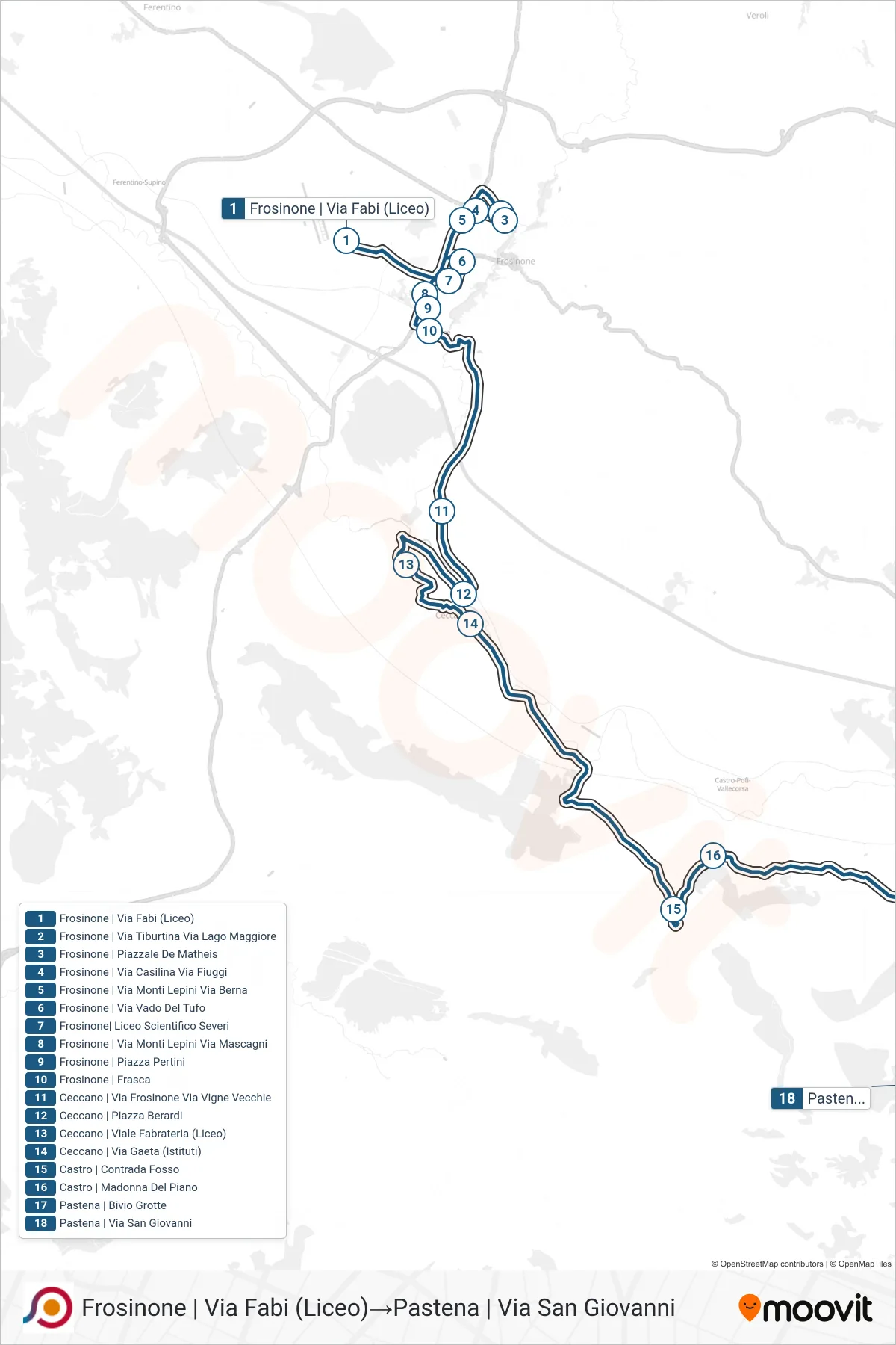 Linea COTRAL bus (Frosinone | Via Fabi (Liceo)→Pastena | Via San Giovanni) - Percorsi e fermate sulla mappa