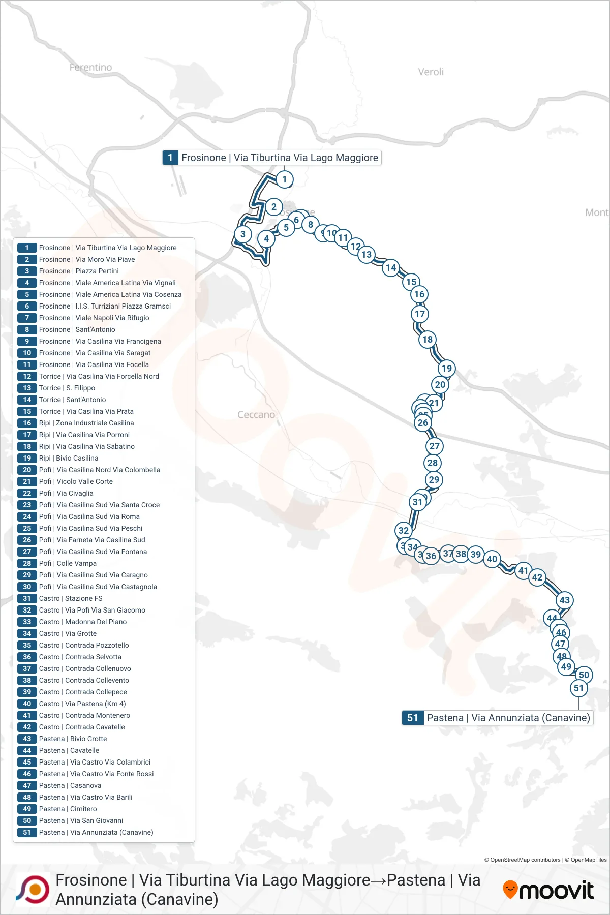 Linea COTRAL bus (Frosinone | Via Tiburtina Via Lago Maggiore→Pastena | Via Annunziata (Canavine)) - Percorsi e fermate sulla mappa