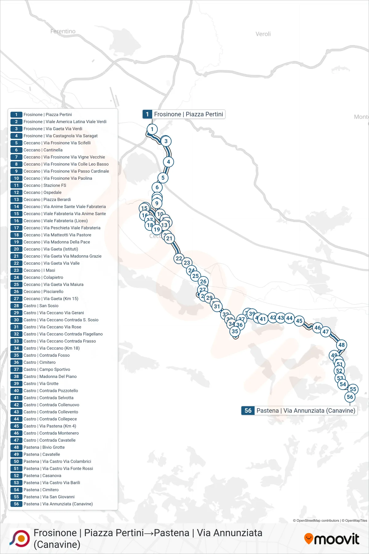 Linea COTRAL bus (Frosinone | Piazza Pertini→Pastena | Via Annunziata (Canavine)) - Percorsi e fermate sulla mappa