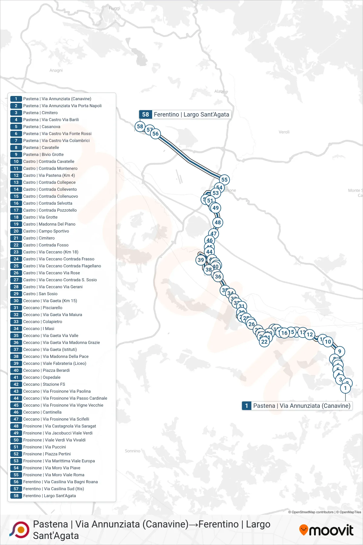 Linea COTRAL bus (Pastena | Via Annunziata (Canavine)→Ferentino | Largo Sant'Agata) - Percorsi e fermate sulla mappa