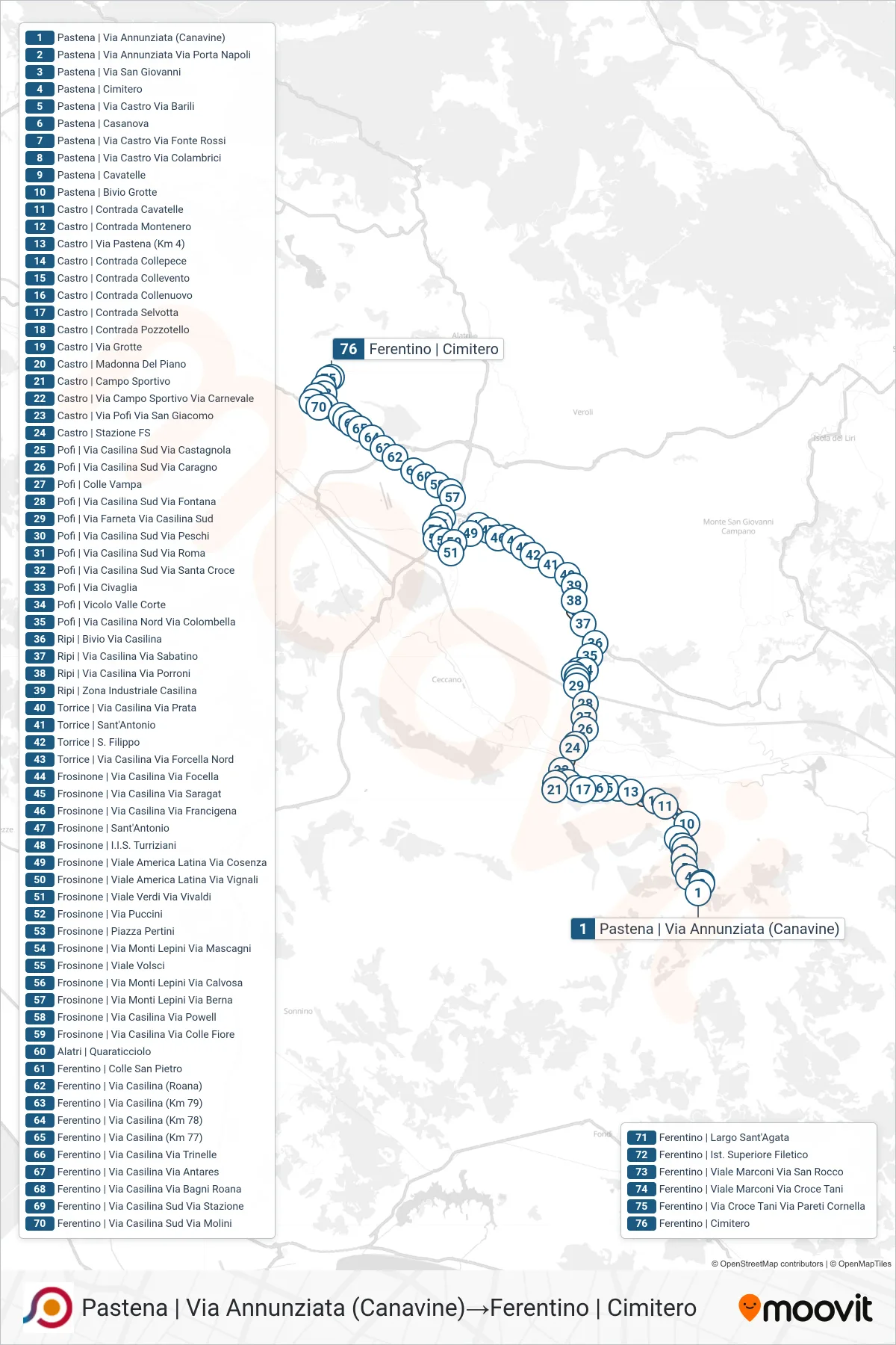 Linea COTRAL bus (Pastena | Via Annunziata (Canavine)→Ferentino | Cimitero) - Percorsi e fermate sulla mappa