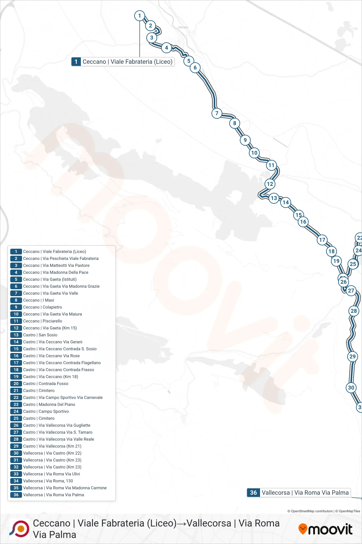 Linea COTRAL bus (Ceccano | Viale Fabrateria (Liceo)→Vallecorsa | Via Roma Via Palma) - Percorsi e fermate sulla mappa