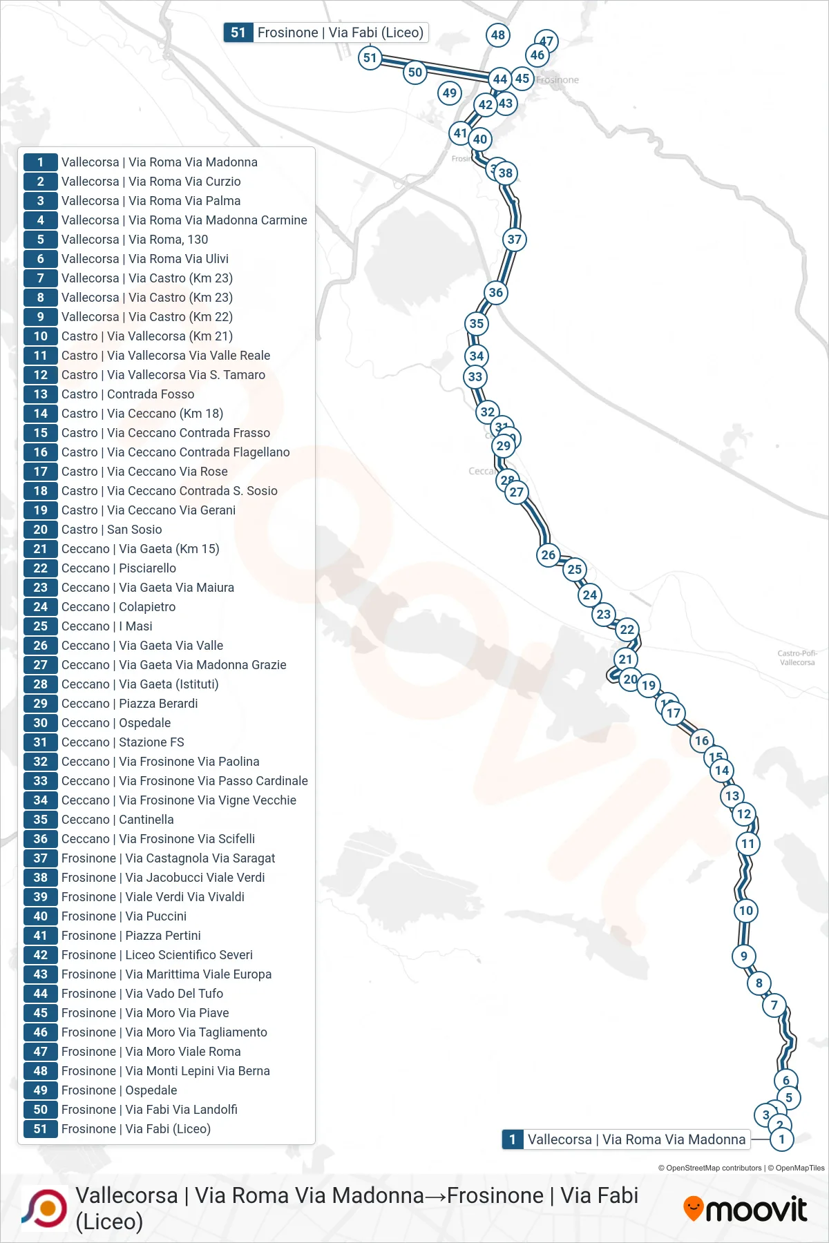 Linea COTRAL bus (Vallecorsa | Via Roma Via Madonna→Frosinone | Via Fabi (Liceo)) - Percorsi e fermate sulla mappa