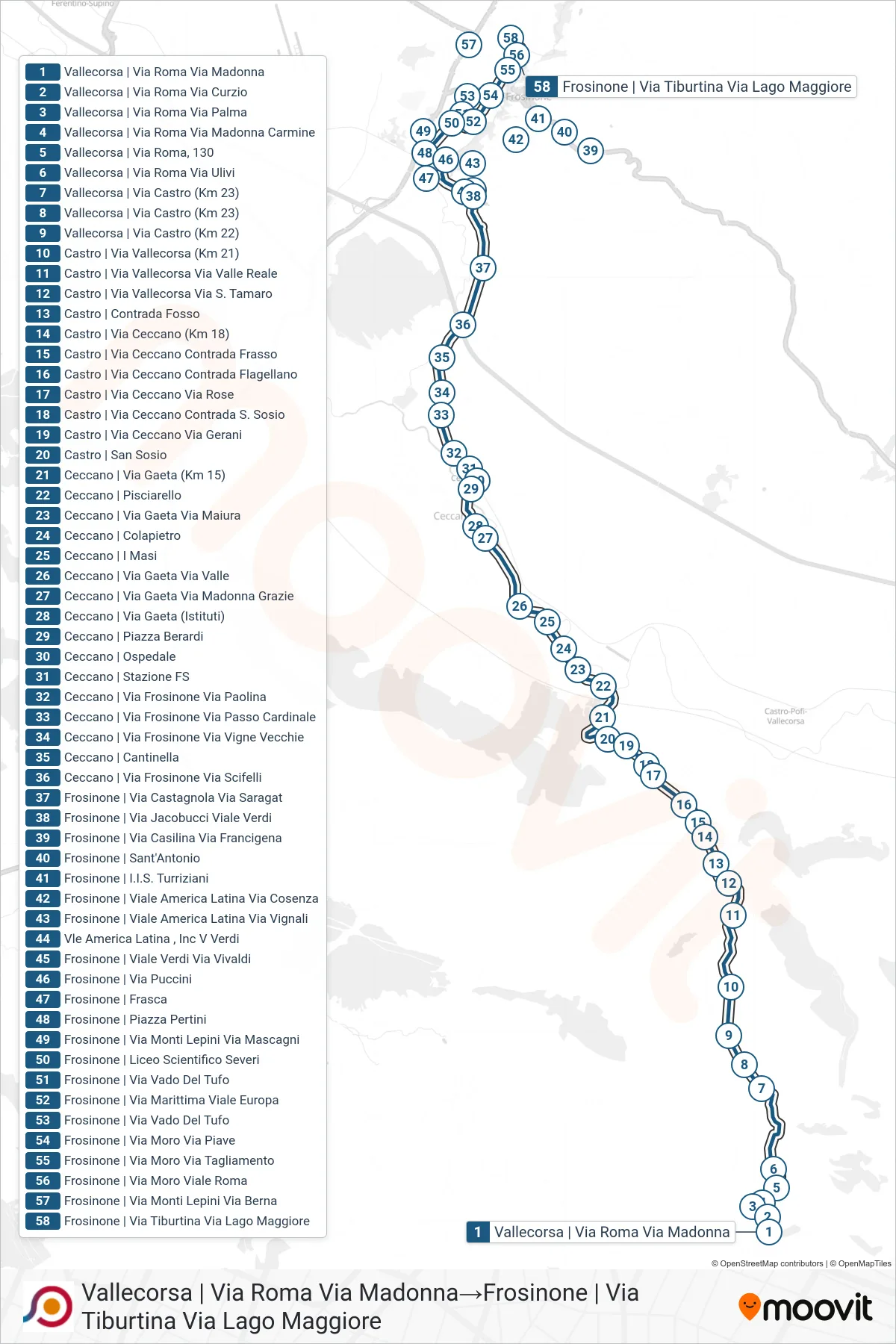 Linea COTRAL bus (Vallecorsa | Via Roma Via Madonna→Frosinone | Via Tiburtina Via Lago Maggiore) - Percorsi e fermate sulla mappa