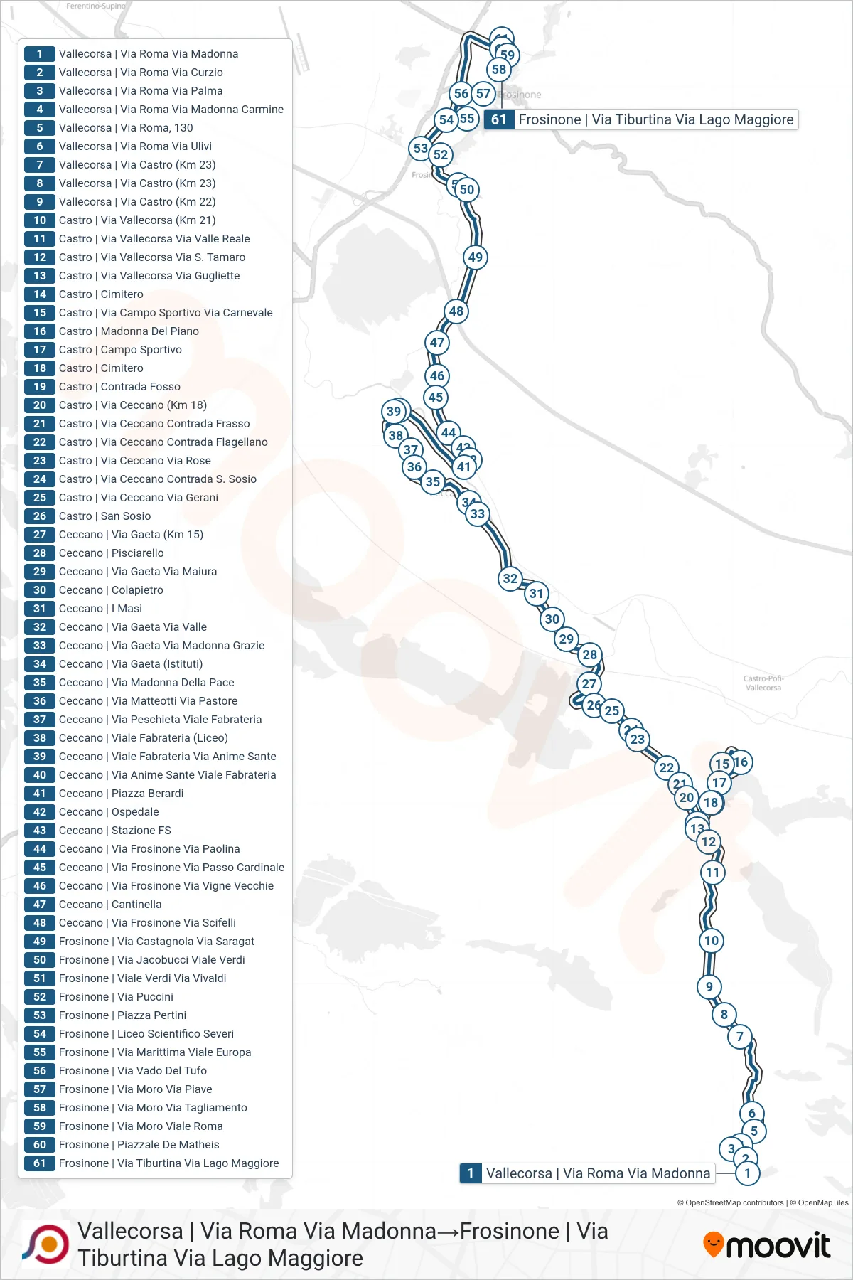 Linea COTRAL bus (Vallecorsa | Via Roma Via Madonna→Frosinone | Via Tiburtina Via Lago Maggiore) - Percorsi e fermate sulla mappa