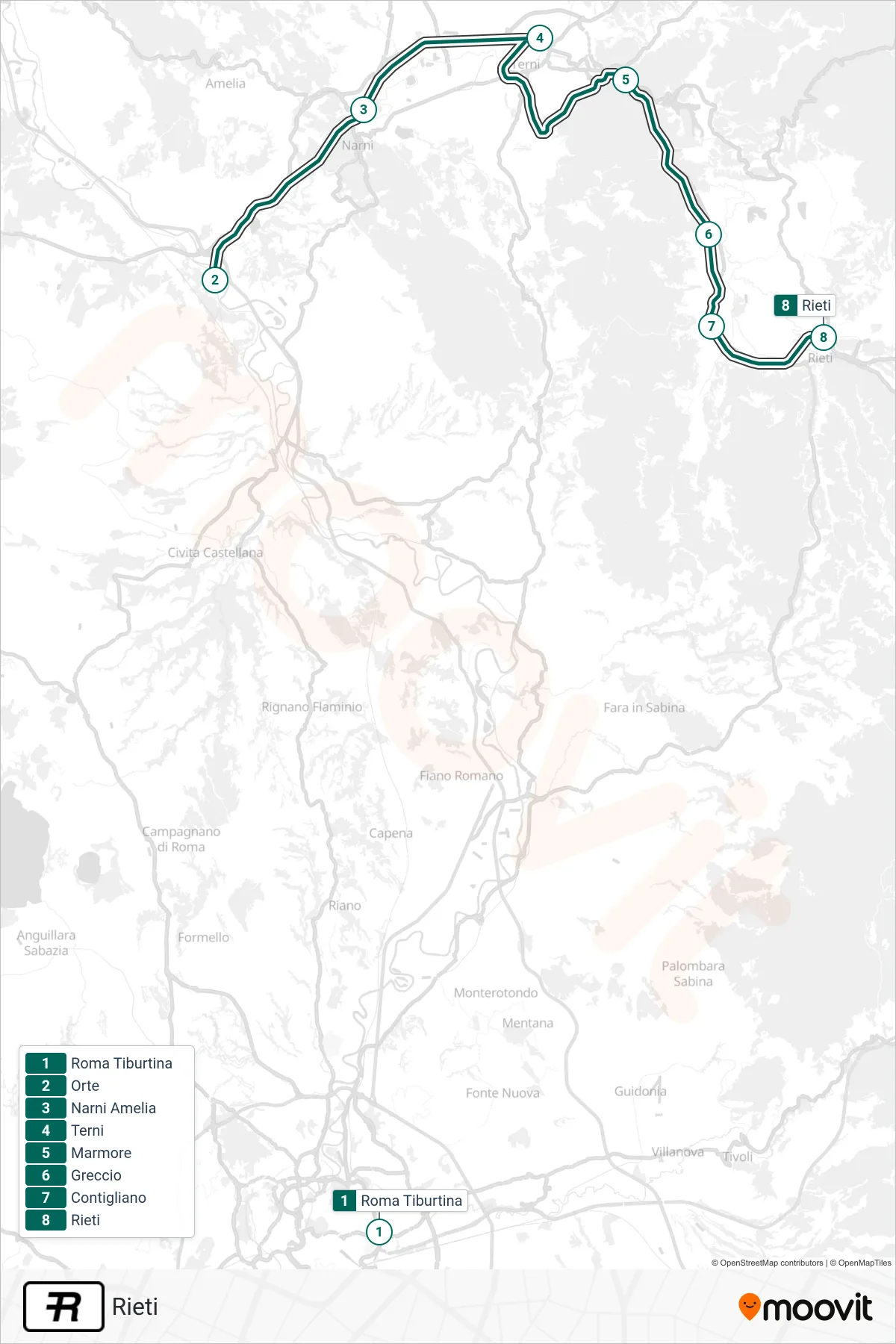 Linea R treno (Rieti) - Percorsi e fermate sulla mappa