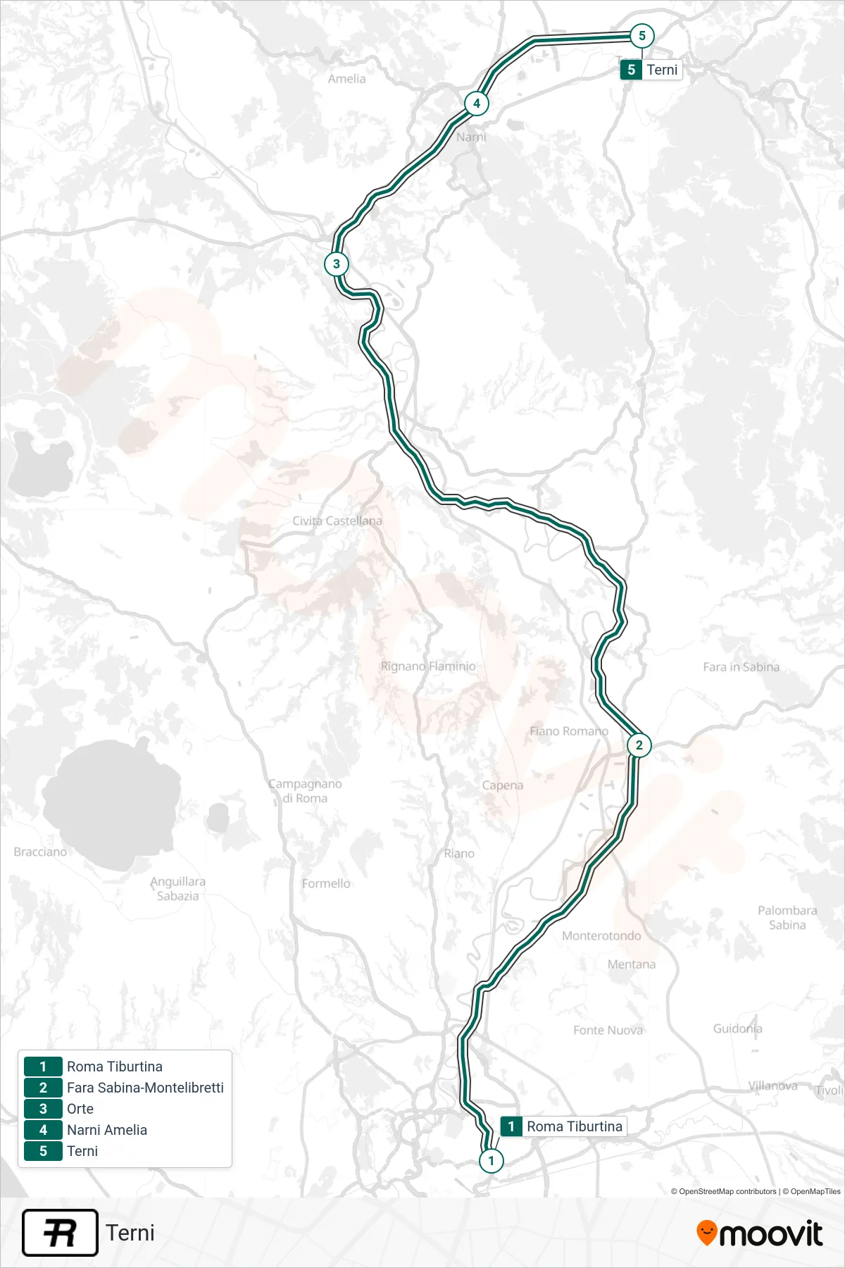 Linea R treno (Terni) - Percorsi e fermate sulla mappa