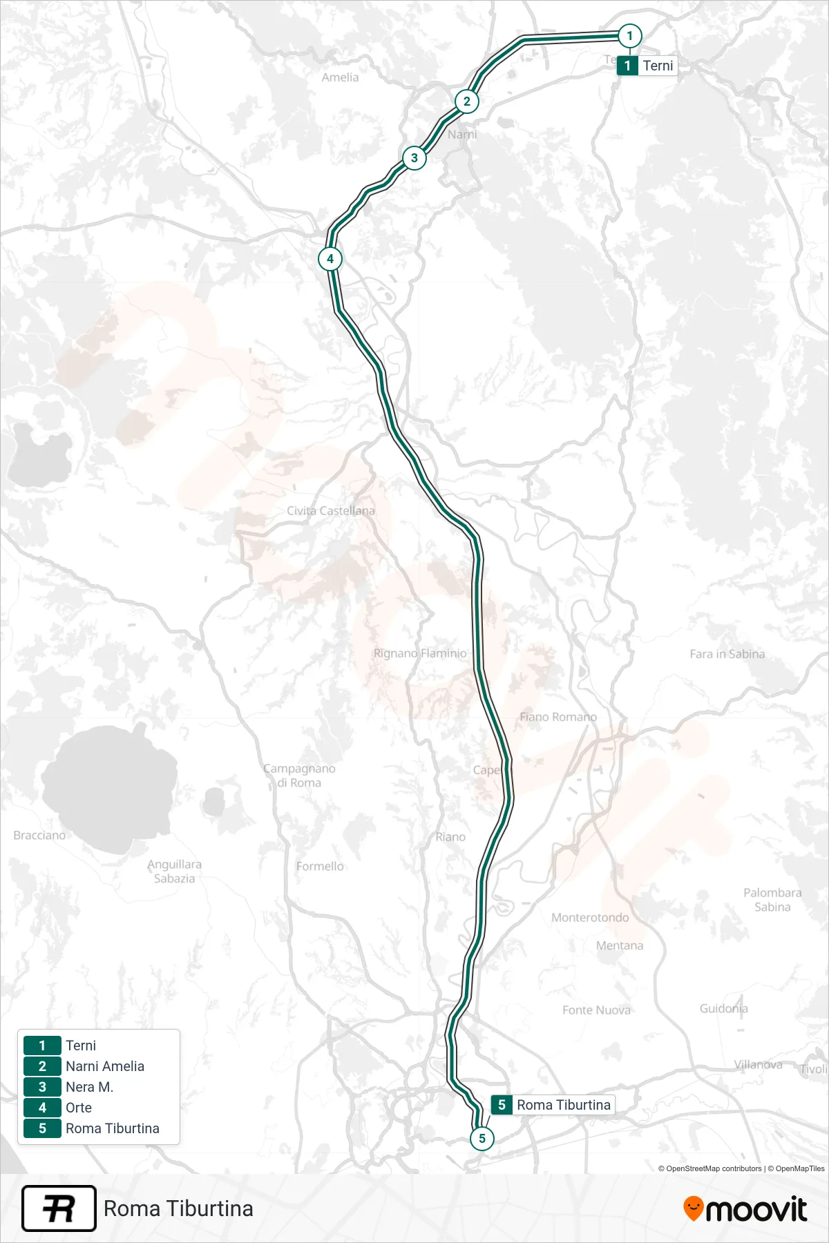 Linea R treno (Roma Tiburtina) - Percorsi e fermate sulla mappa