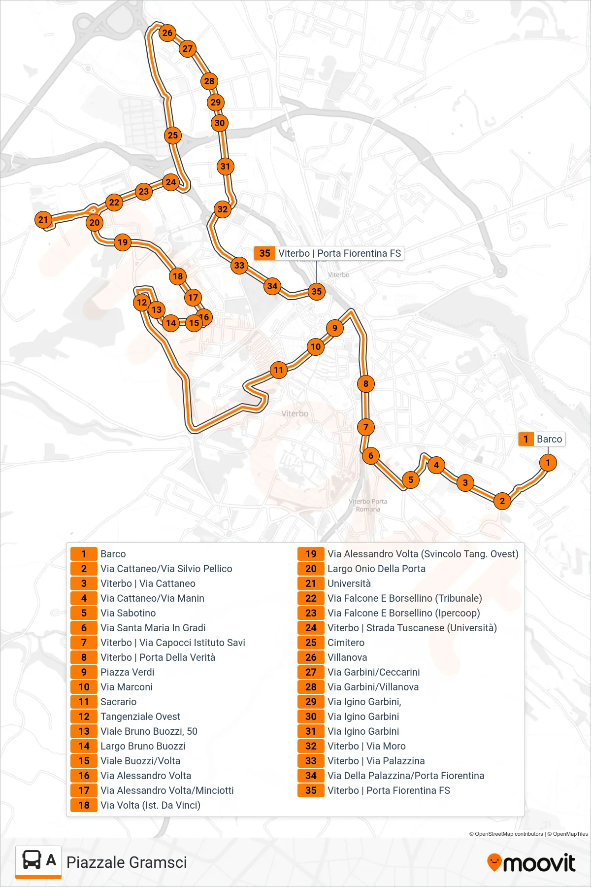 Linea A bus (Piazzale Gramsci) - Percorsi e fermate sulla mappa