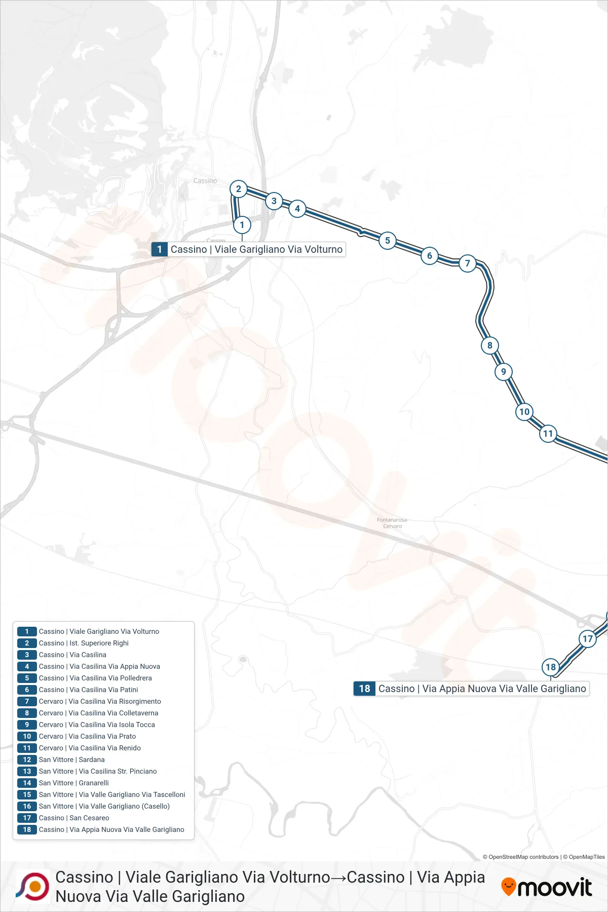 Linea COTRAL bus (Cassino | Viale Garigliano Via Volturno→Cassino | Via Appia Nuova Via Valle Garigliano) - Percorsi e fermate sulla mappa