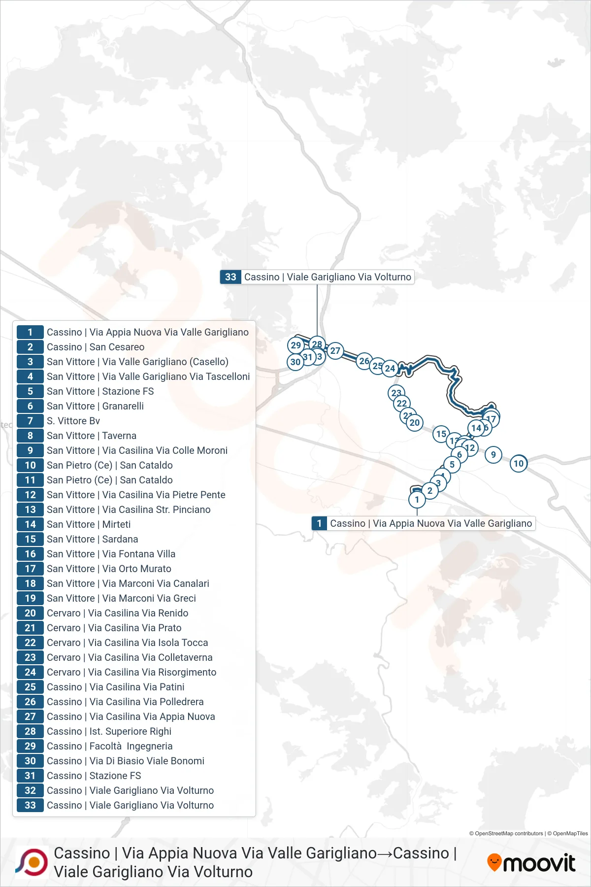 Linea COTRAL bus (Cassino | Via Appia Nuova Via Valle Garigliano→Cassino | Viale Garigliano Via Volturno) - Percorsi e fermate sulla mappa