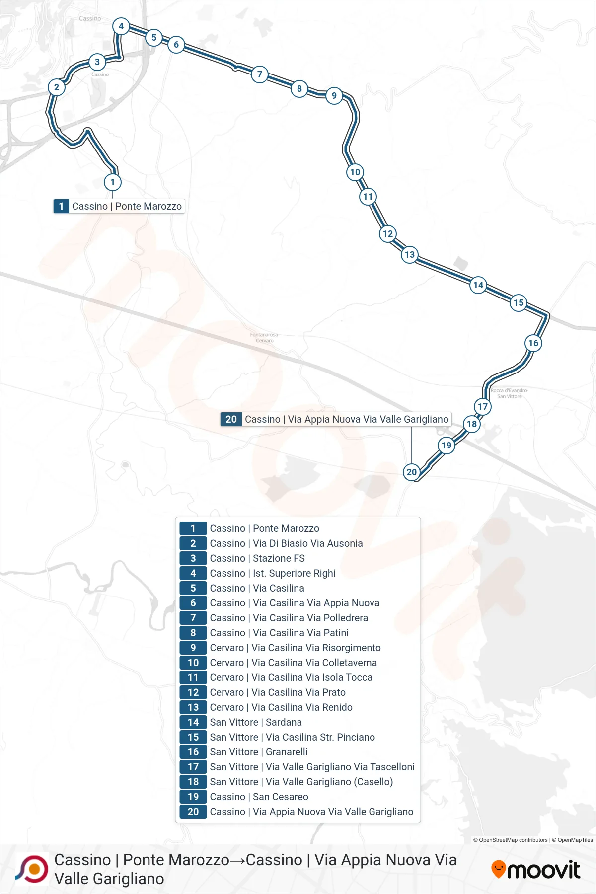 Linea COTRAL bus (Cassino | Ponte Marozzo→Cassino | Via Appia Nuova Via Valle Garigliano) - Percorsi e fermate sulla mappa