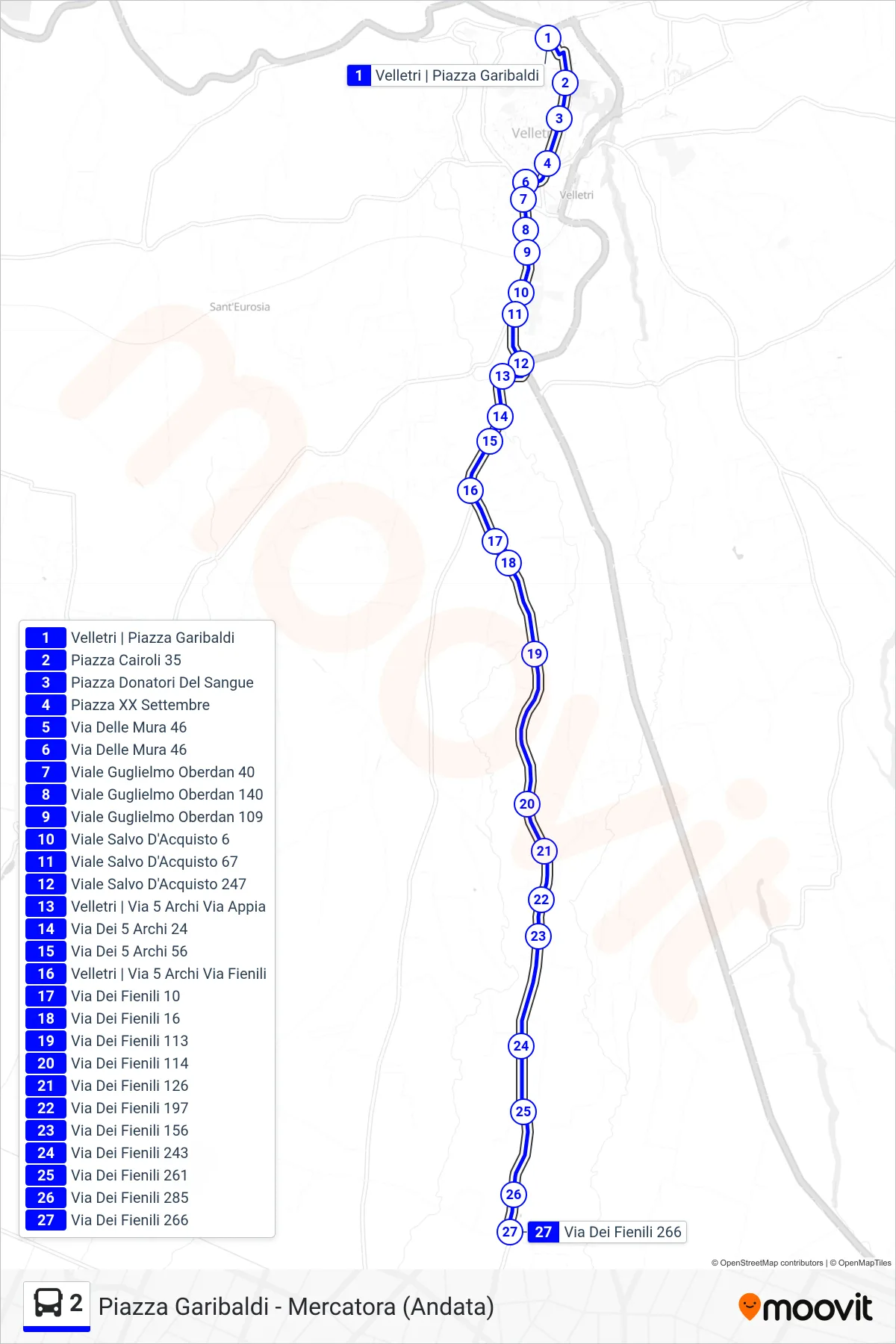 Linea 2 tram (Piazza Garibaldi - Mercatora (Andata)) - Percorsi e fermate sulla mappa