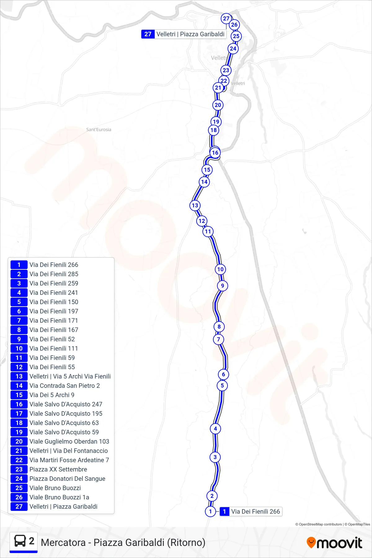 Linea 2 tram (Mercatora - Piazza Garibaldi (Ritorno)) - Percorsi e fermate sulla mappa