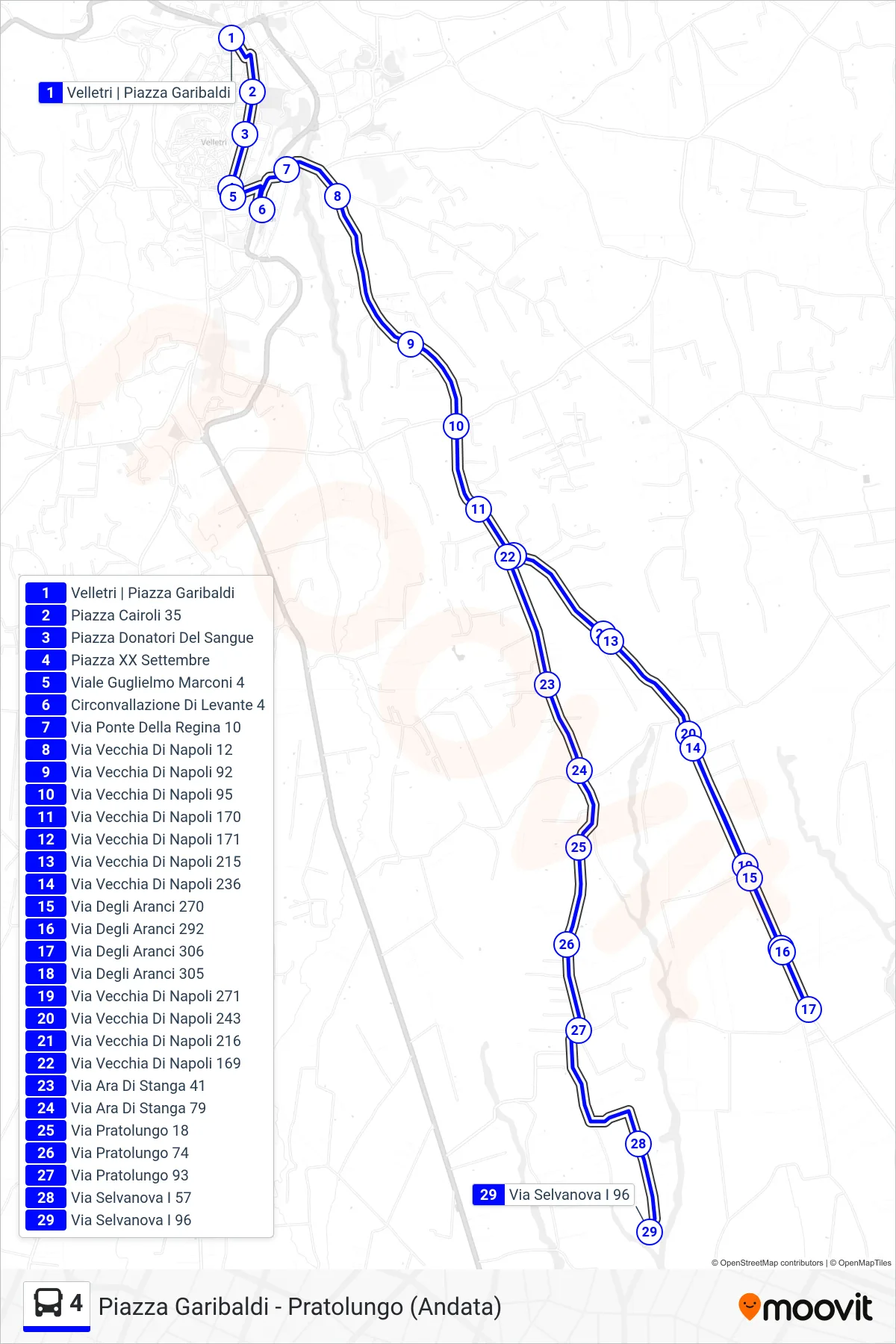 Linea 4 tram (Piazza Garibaldi - Pratolungo (Andata)) - Percorsi e fermate sulla mappa
