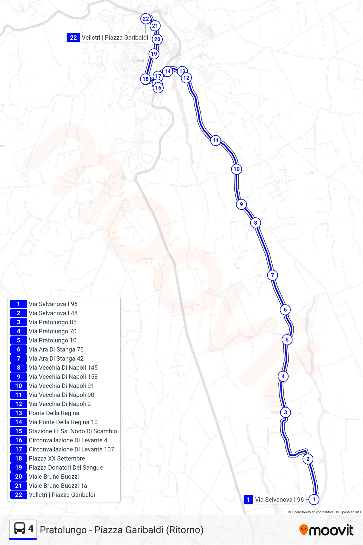 4 tram Line (Pratolungo Piazza Garibaldi (Return)) route and stops on a map