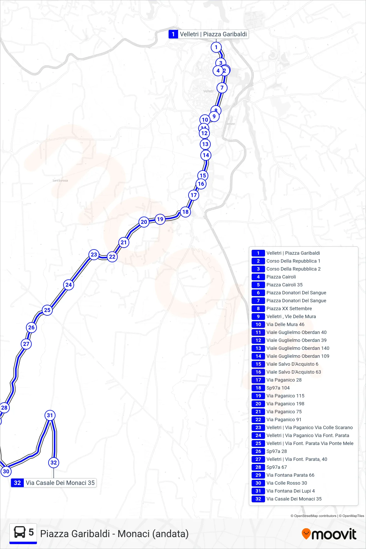 Linea 5 tram (Piazza Garibaldi - Monaci (andata)) - Percorsi e fermate sulla mappa