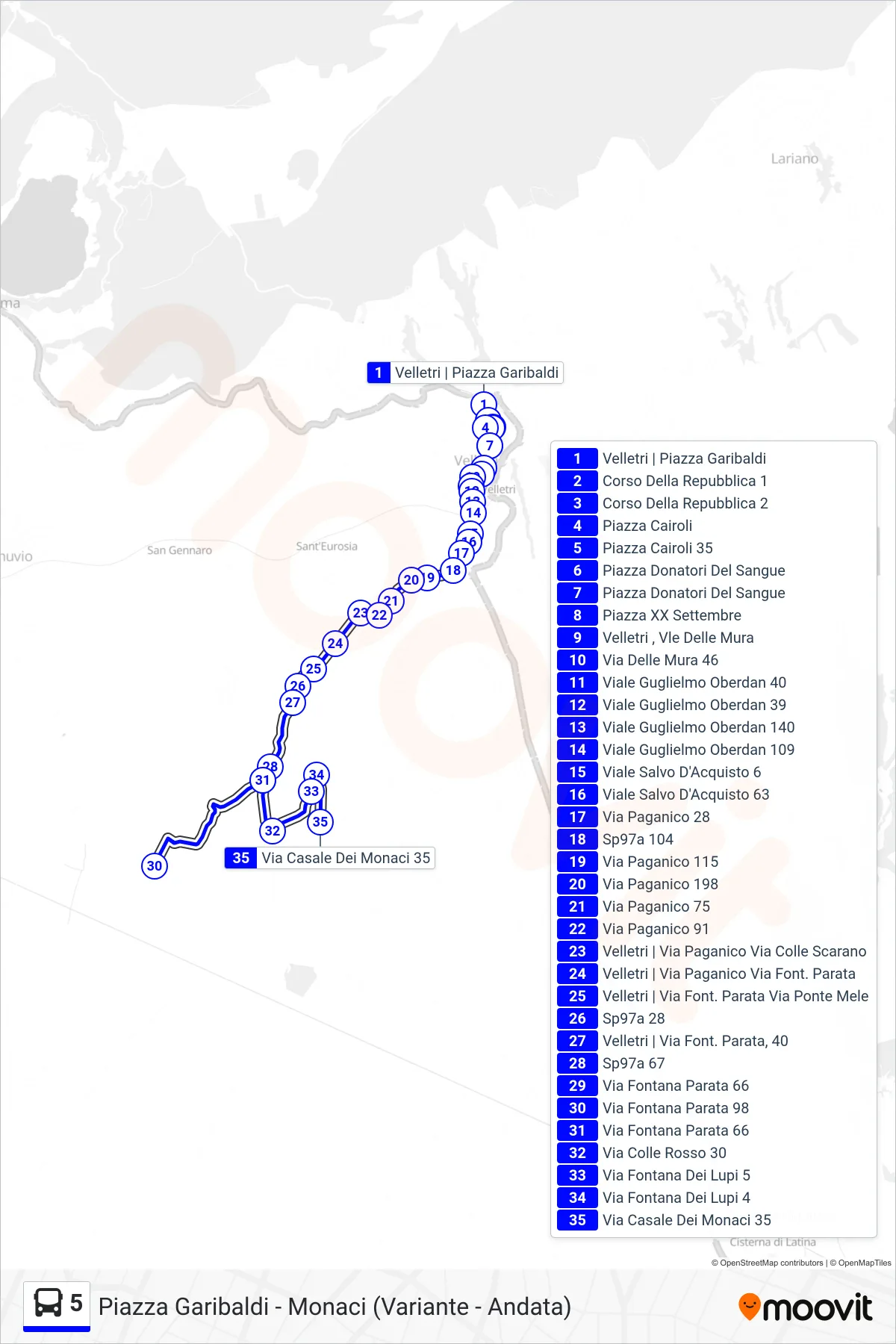 Linea 5 tram (Piazza Garibaldi - Monaci (Variante - Andata)) - Percorsi e fermate sulla mappa
